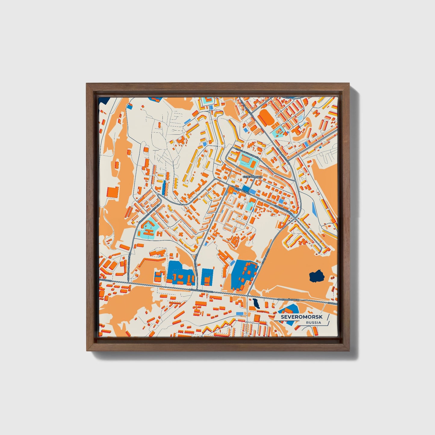 Североморск Russia Colorful City Map Canvas Print • Dark Wooden Framed
