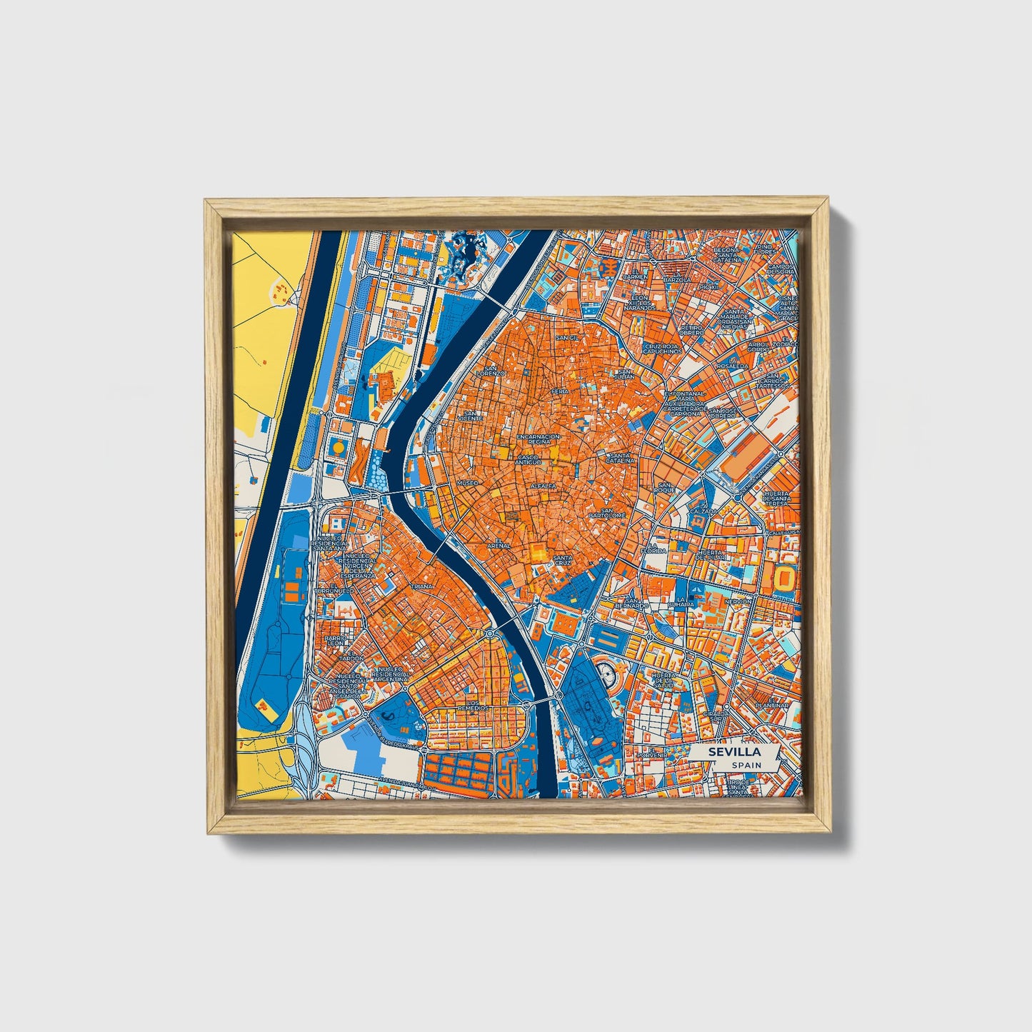 Sevilla Spain Colorful City Map Canvas Print • Natural Wooden Framed