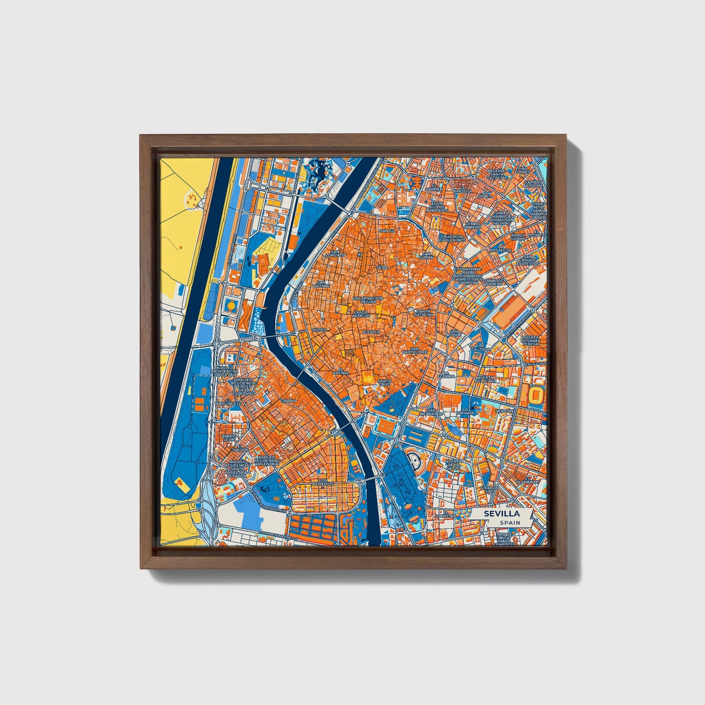 Sevilla Spain Colorful City Map Canvas Print • Dark Wooden Framed