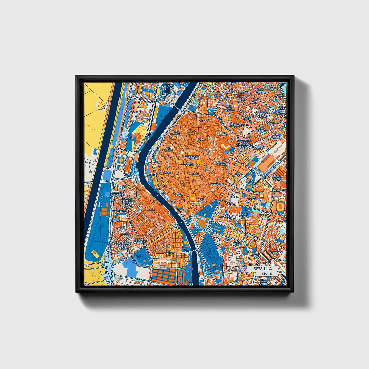 Sevilla Spain Colorful City Map Canvas Print • Black Framed