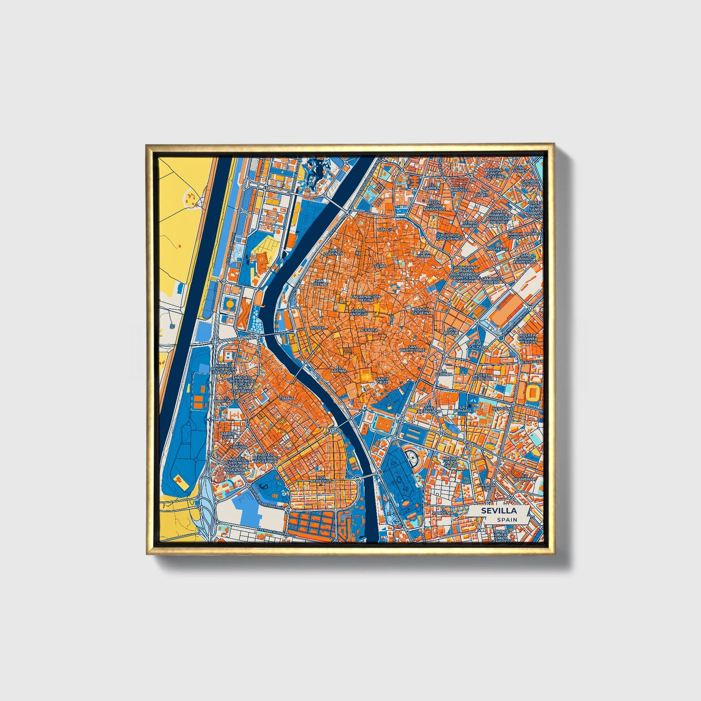 Sevilla Spain Colorful City Map Canvas Print • Gold Framed