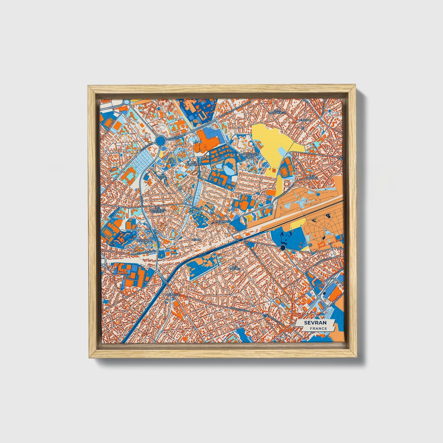Sevran France Colorful City Map Canvas Print • Natural Wooden Framed