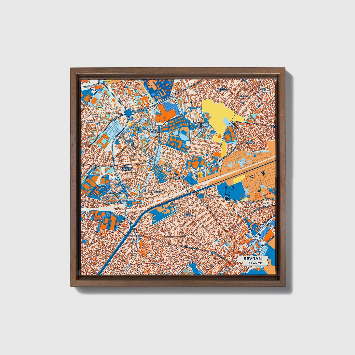 Sevran France Colorful City Map Canvas Print • Dark Wooden Framed
