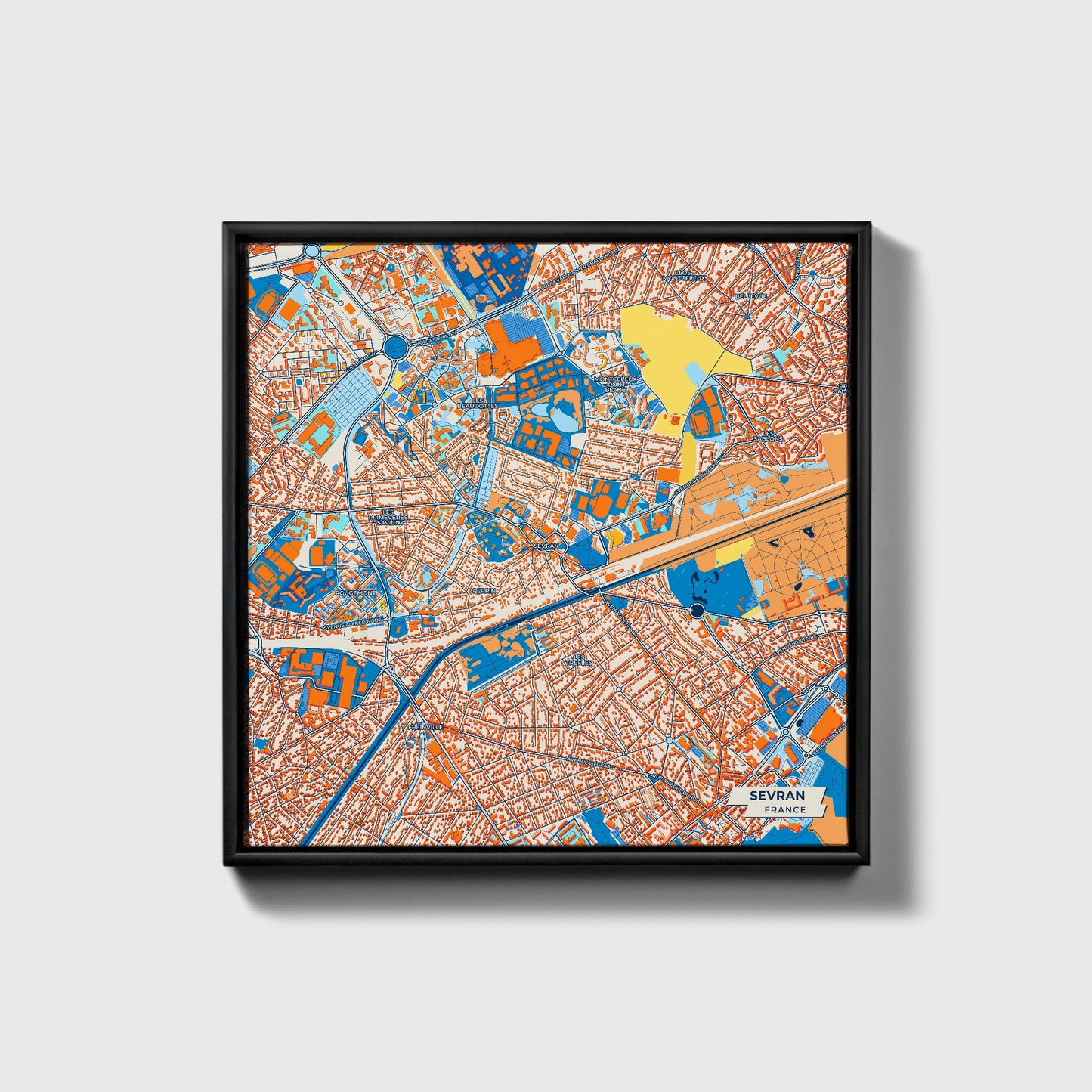Sevran France Colorful City Map Canvas Print • Black Framed