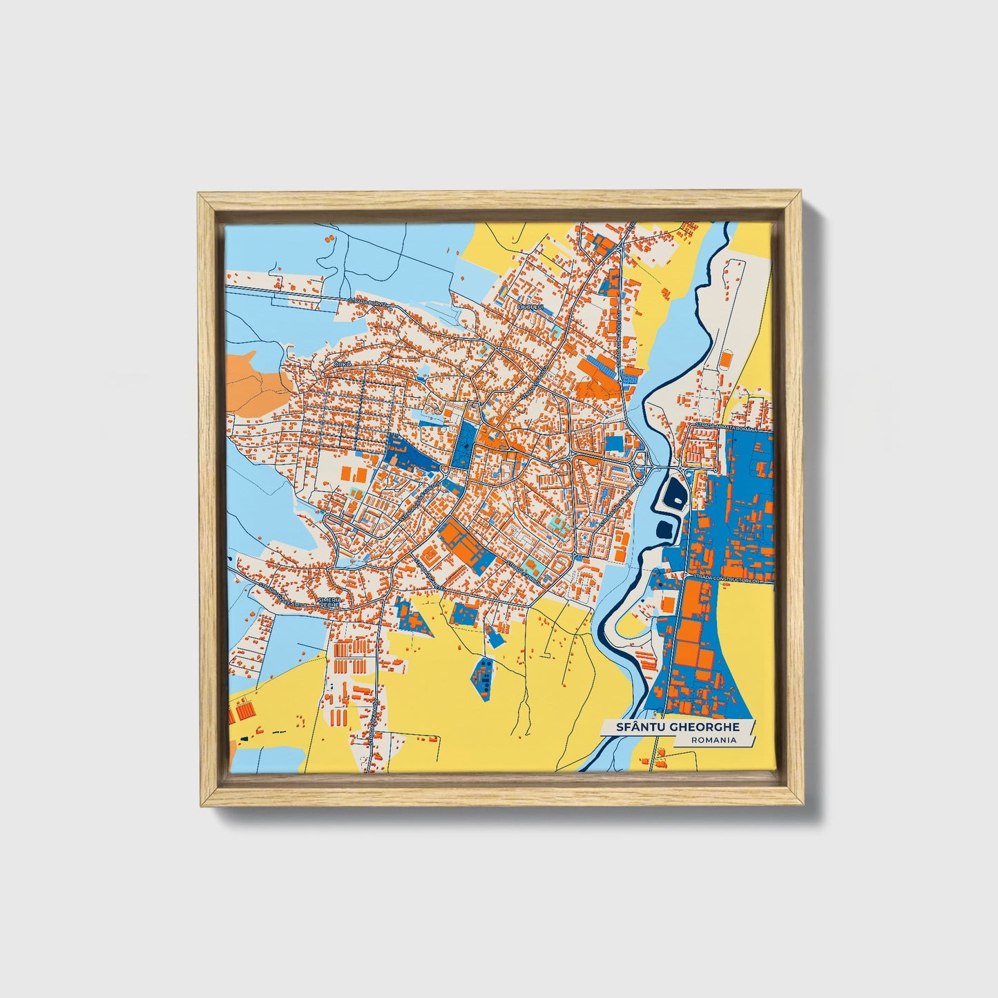 Sfântu Gheorghe Romania Colorful City Map Canvas Print • Natural Wooden Framed