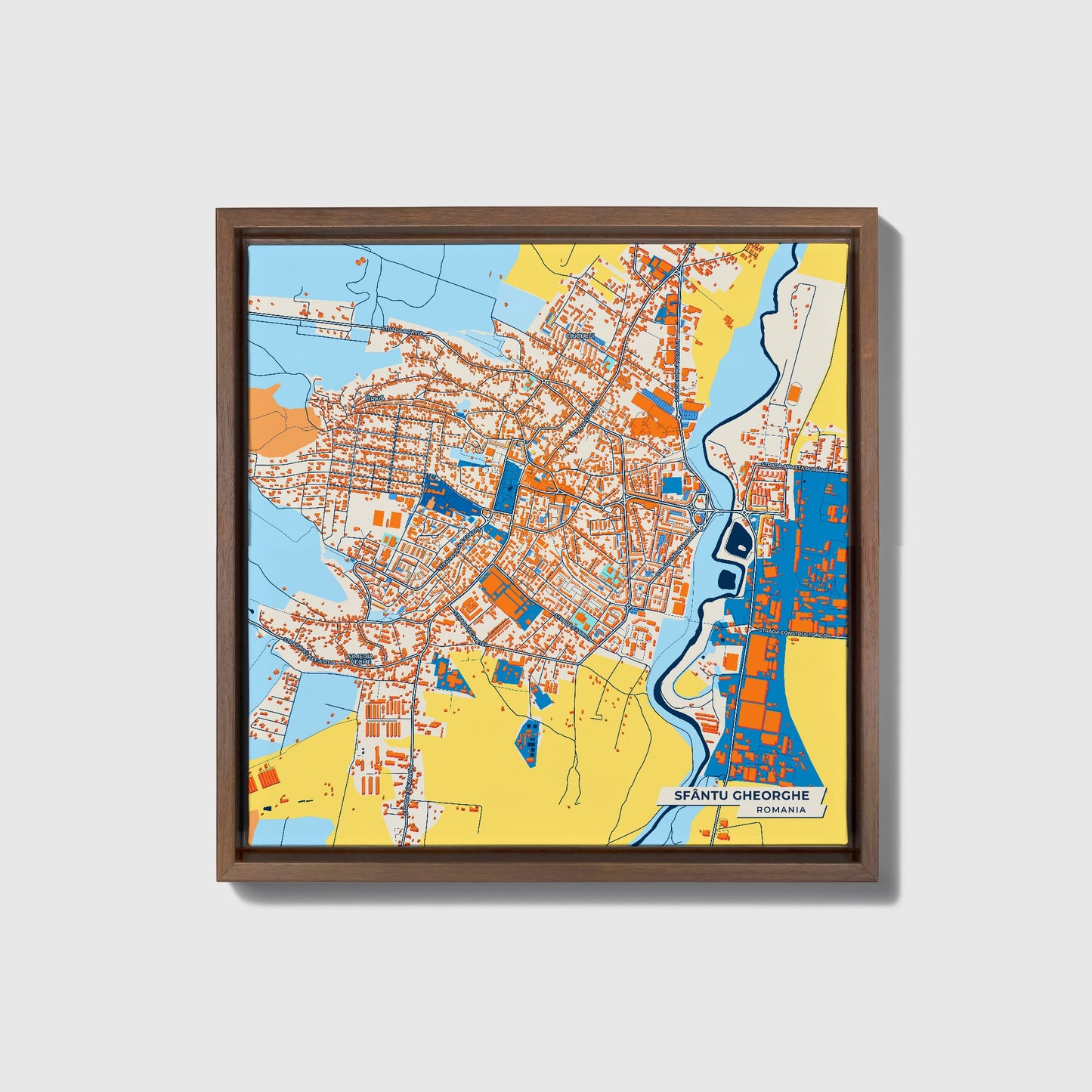 Sfântu Gheorghe Romania Colorful City Map Canvas Print • Dark Wooden Framed