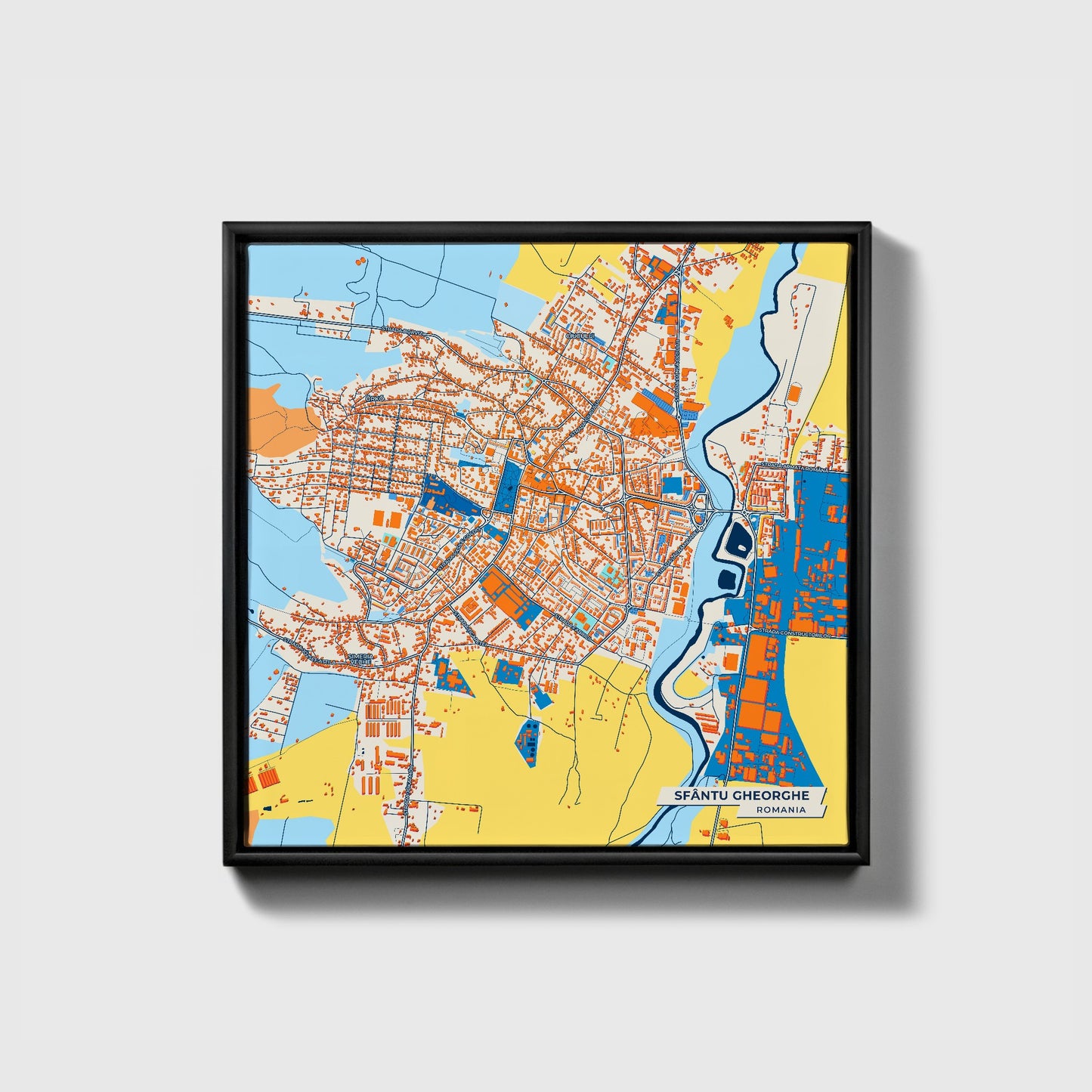 Sfântu Gheorghe Romania Colorful City Map Canvas Print • Black Framed