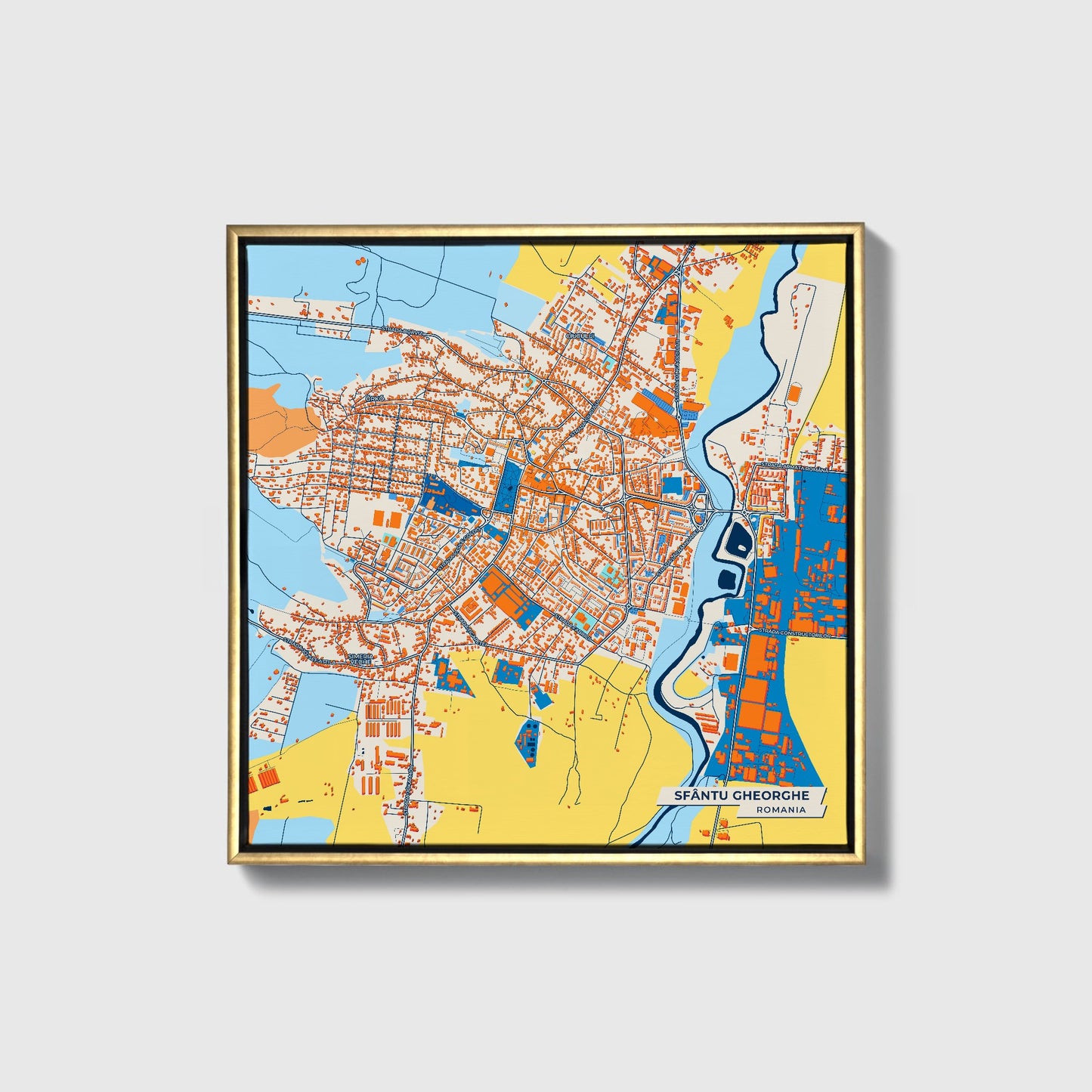Sfântu Gheorghe Romania Colorful City Map Canvas Print • Gold Framed