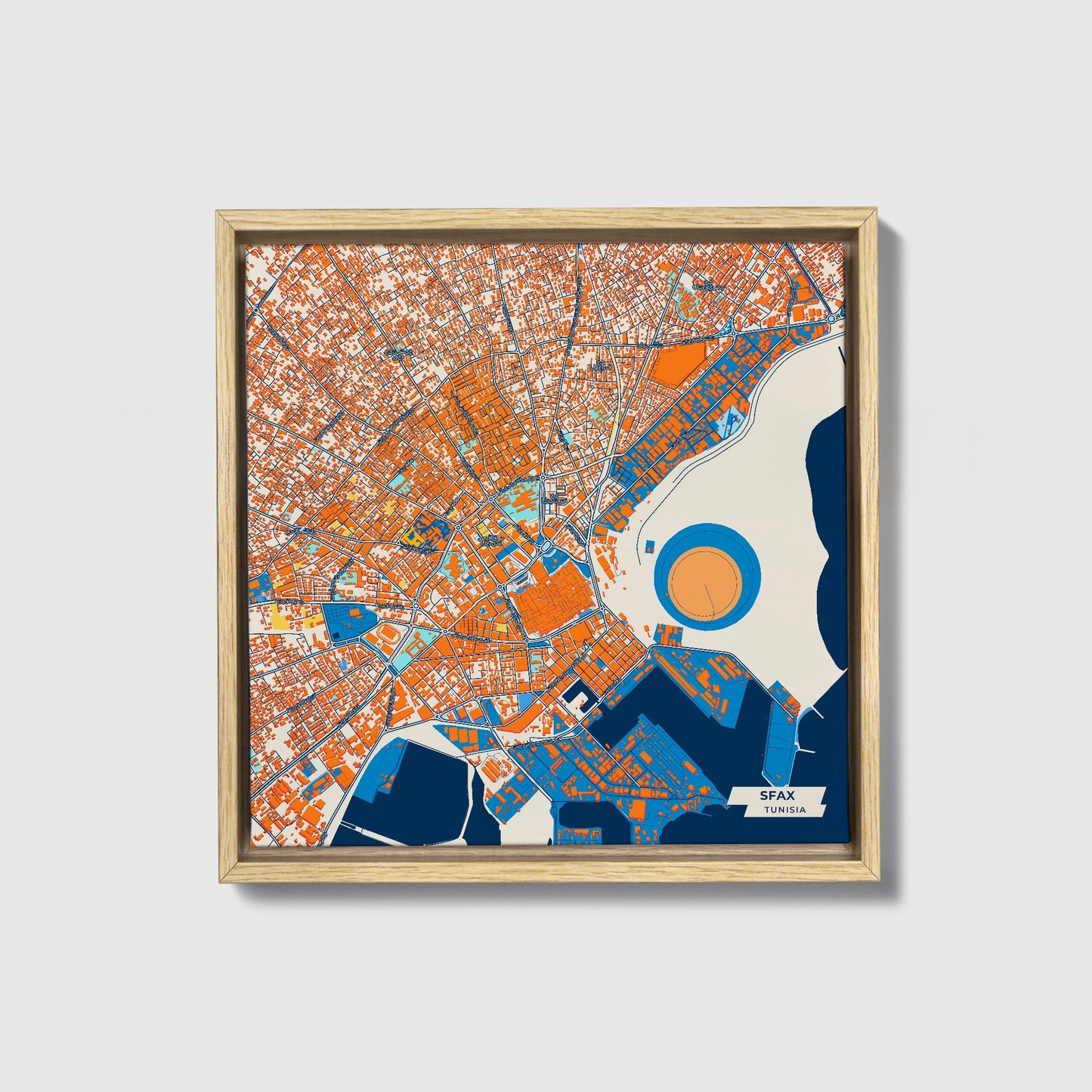 Sfax Tunisia Colorful City Map Canvas Print • Natural Wooden Framed