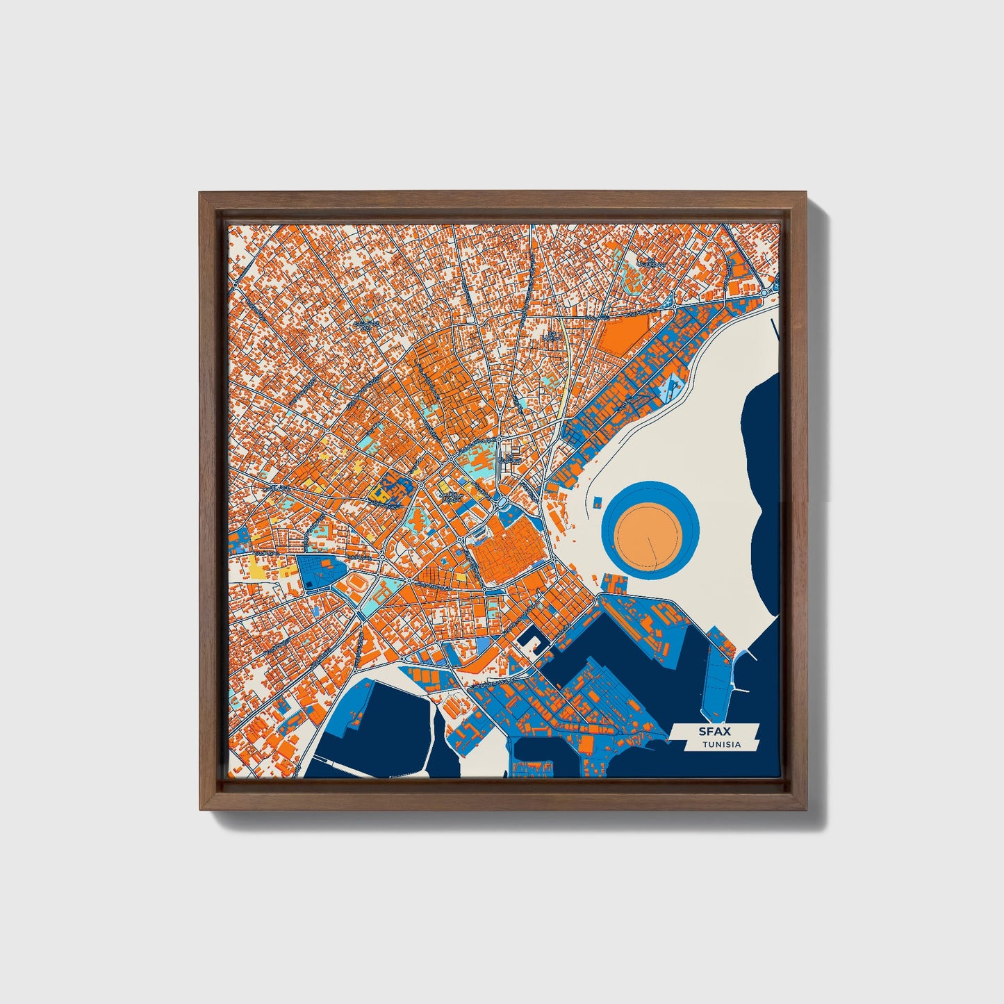 Sfax Tunisia Colorful City Map Canvas Print • Dark Wooden Framed
