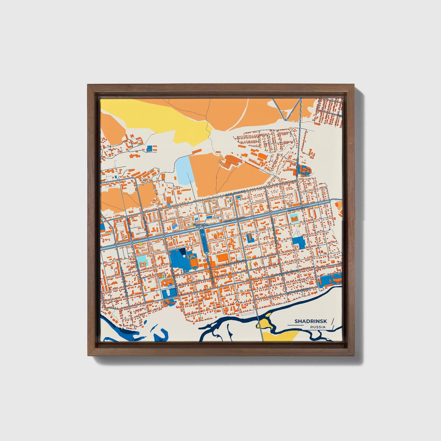 Шадринск Russia Colorful City Map Canvas Print • Dark Wooden Framed