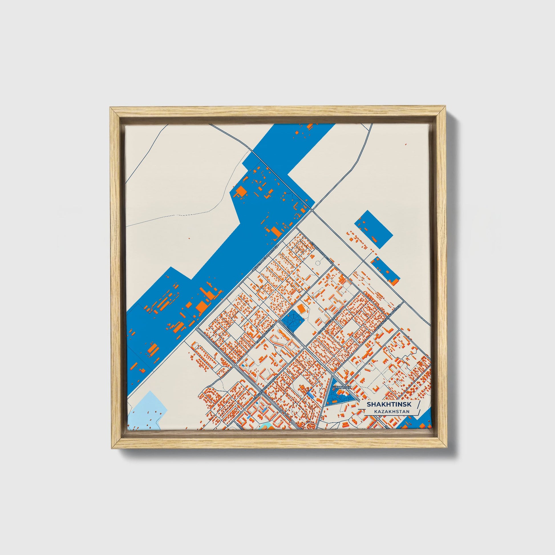 Shakhtinsk Kazakhstan Colorful City Map Canvas Print • Natural Wooden Framed