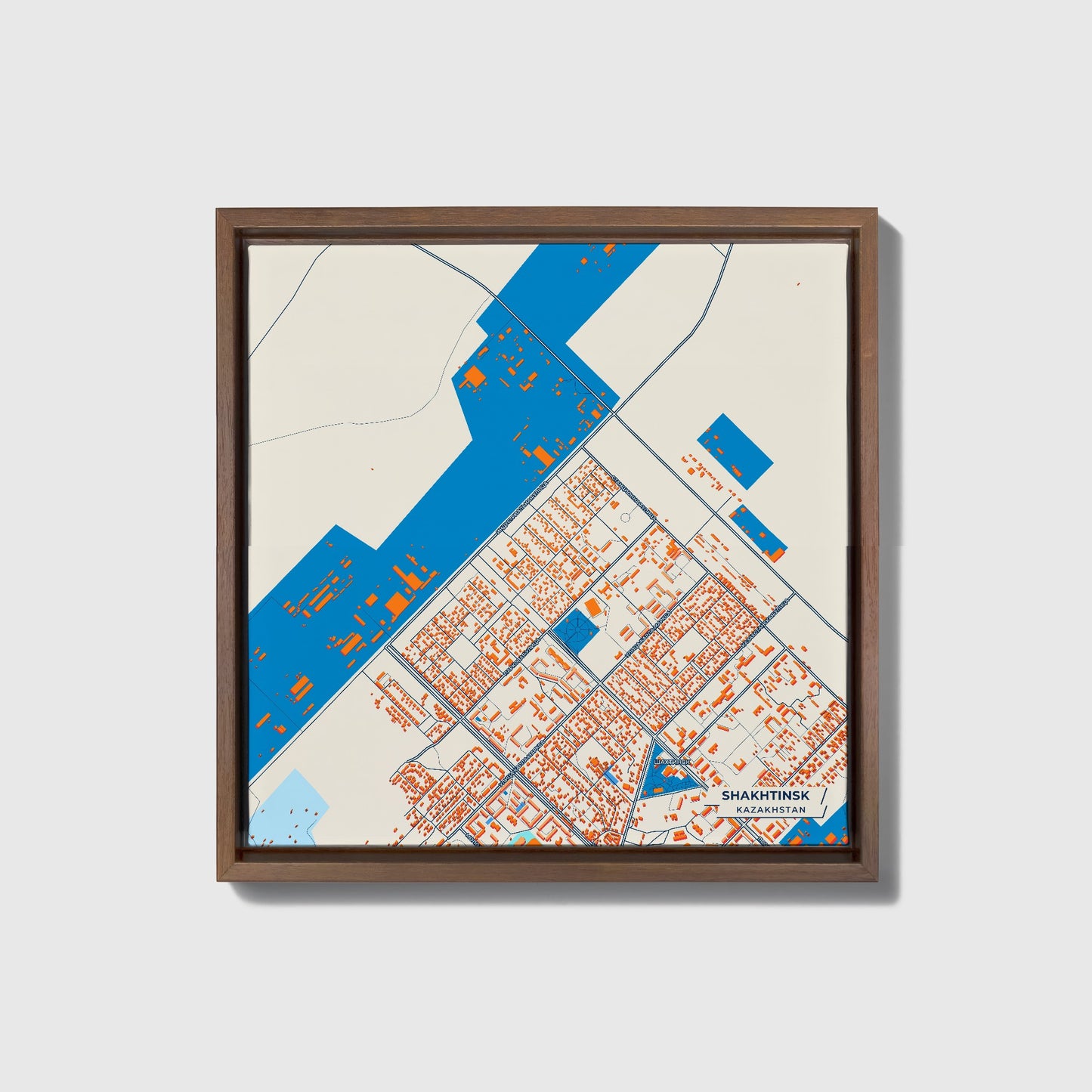 Shakhtinsk Kazakhstan Colorful City Map Canvas Print • Dark Wooden Framed