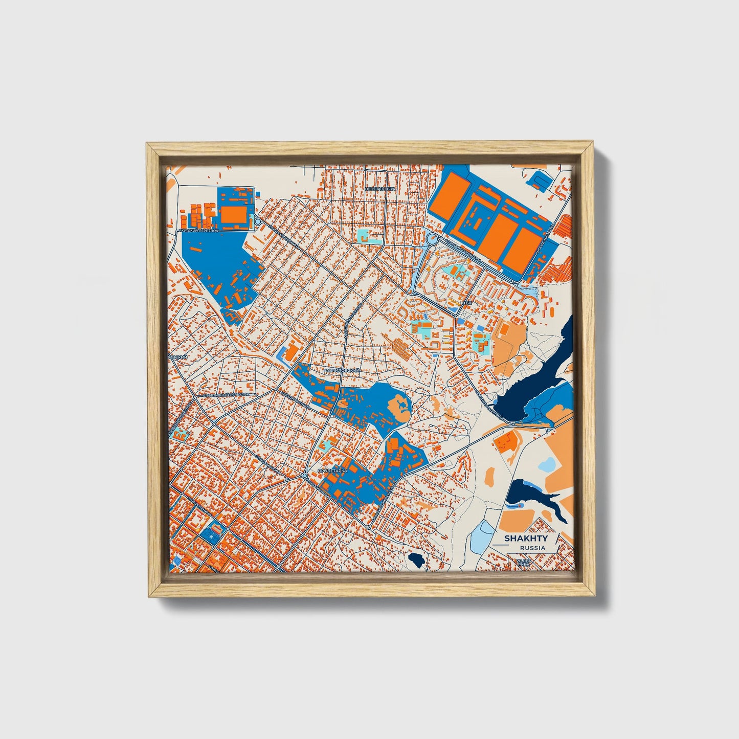 Шахты Russia Colorful City Map Canvas Print • Natural Wooden Framed