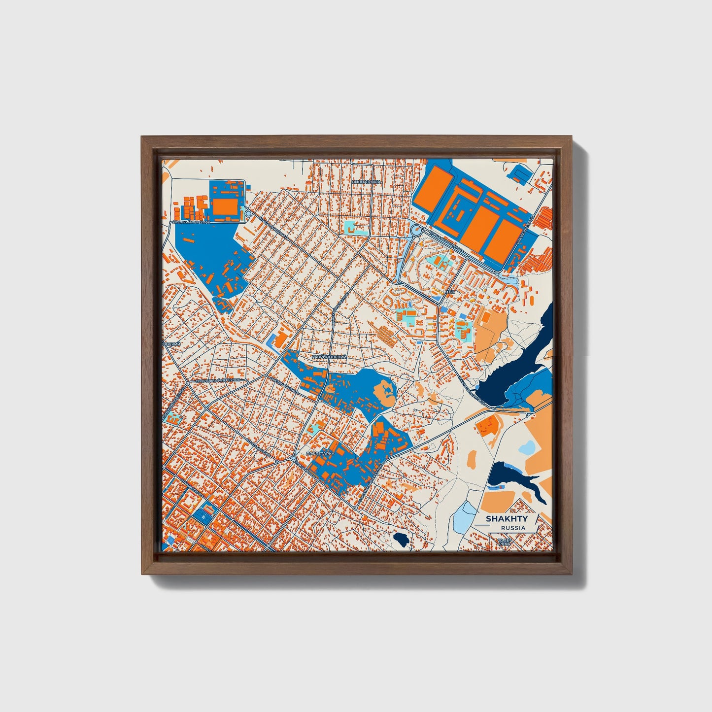 Шахты Russia Colorful City Map Canvas Print • Dark Wooden Framed