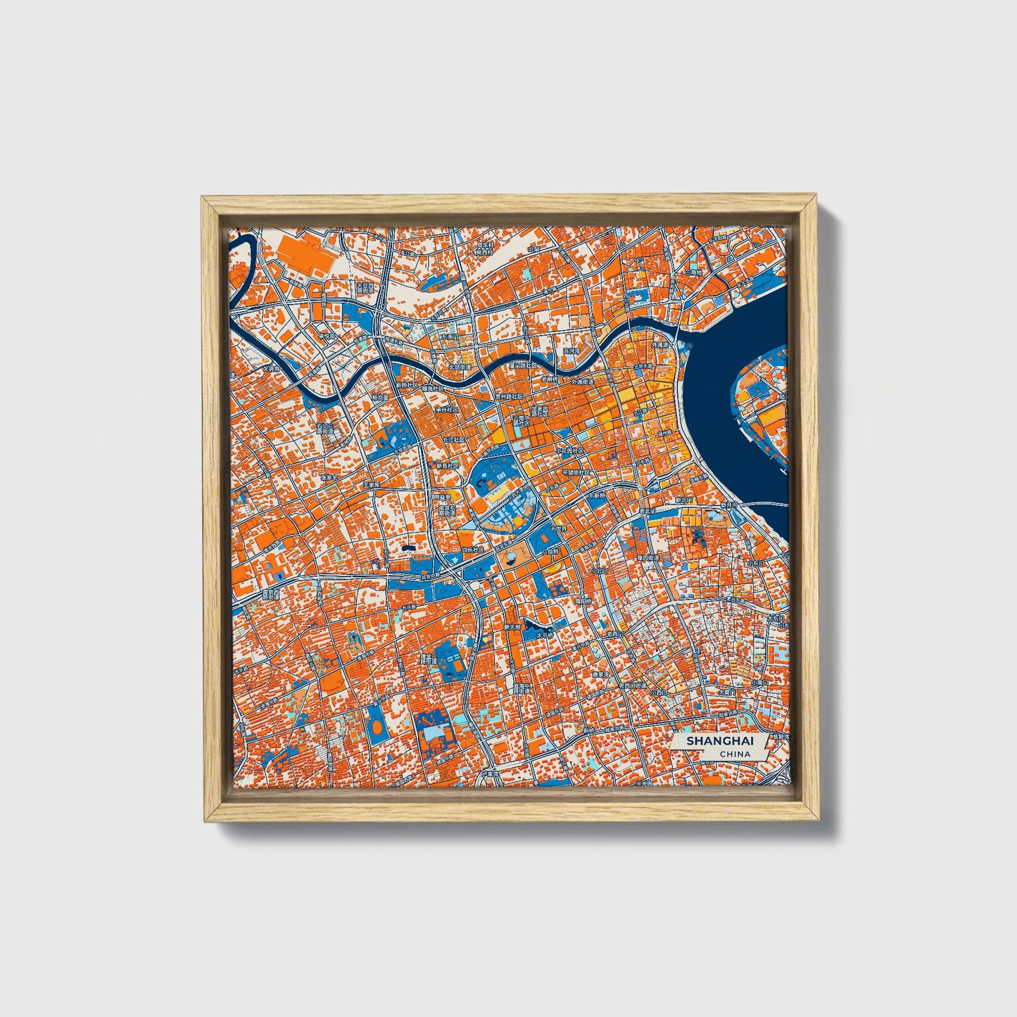 Shanghai China Colorful City Map Canvas Print • Natural Wooden Framed