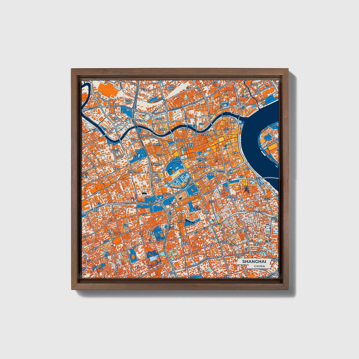 Shanghai China Colorful City Map Canvas Print • Dark Wooden Framed