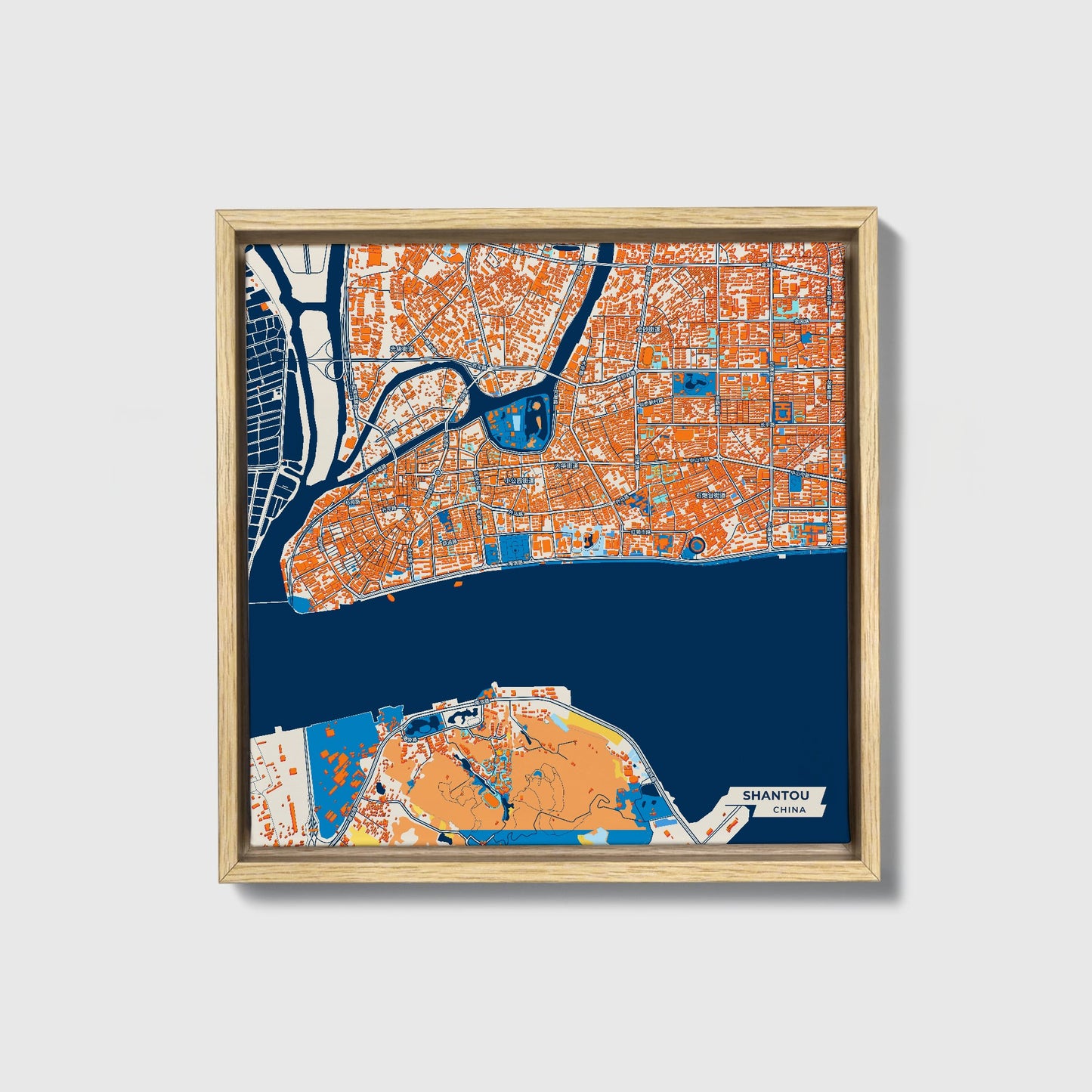Shantou China Colorful City Map Canvas Print • Natural Wooden Framed