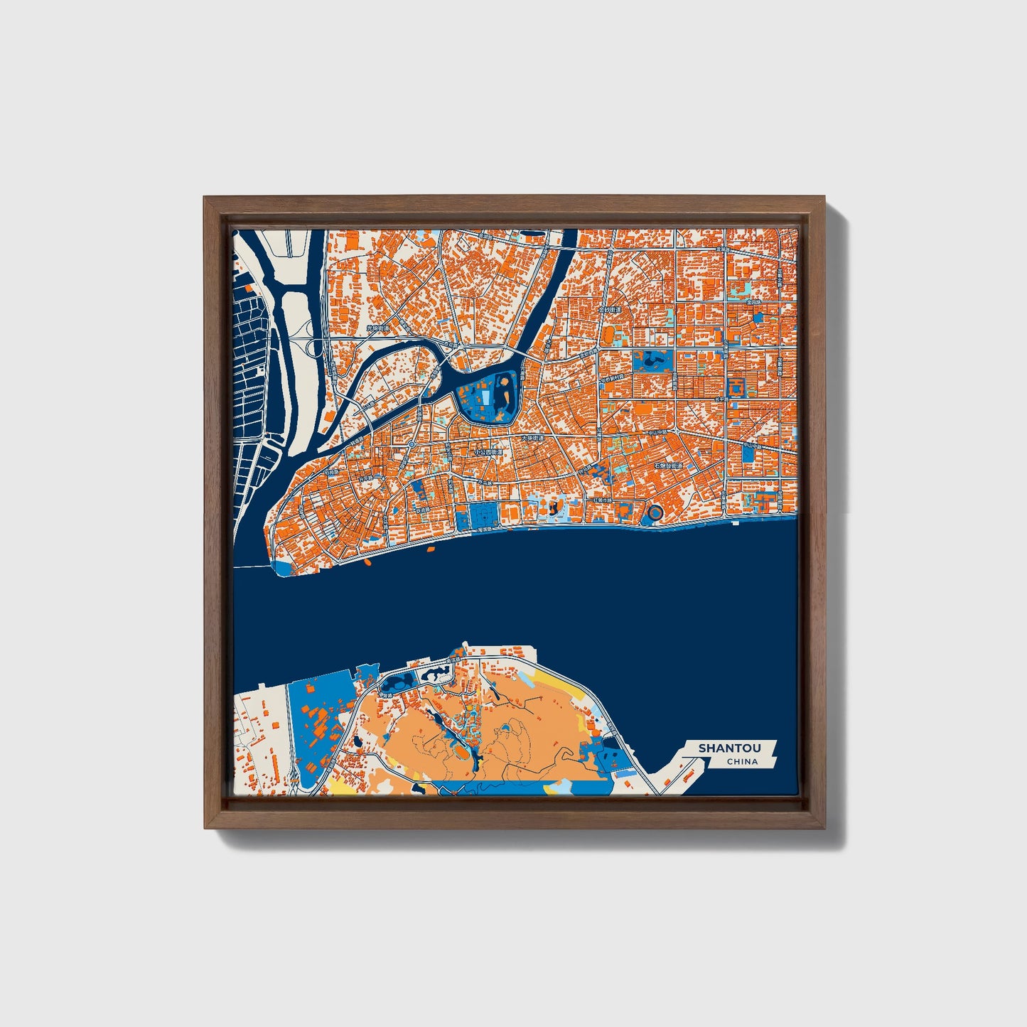 Shantou China Colorful City Map Canvas Print • Dark Wooden Framed
