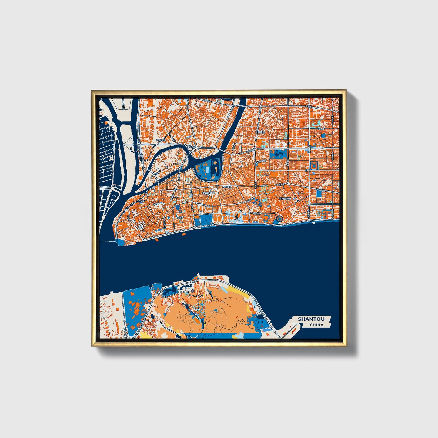 Shantou China Colorful City Map Canvas Print • Gold Framed