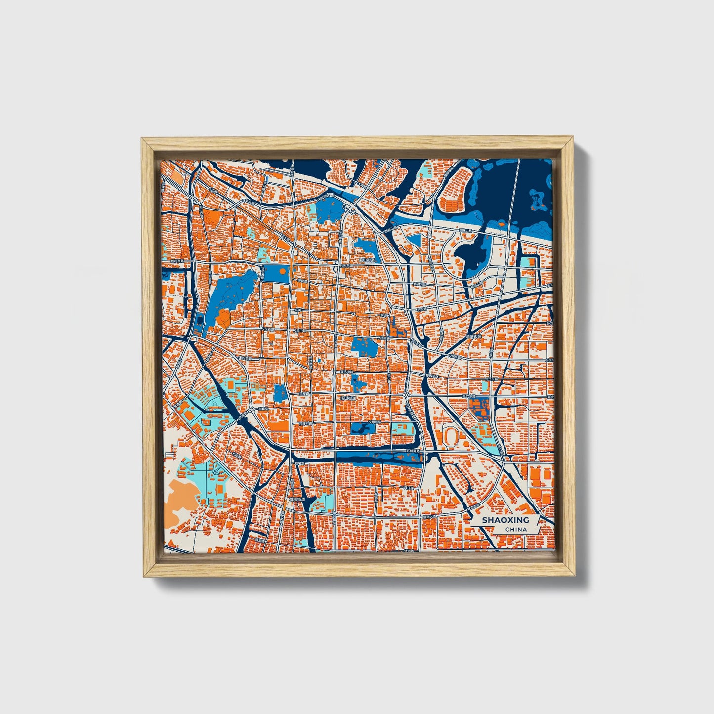 Shaoxing China Colorful City Map Canvas Print • Natural Wooden Framed