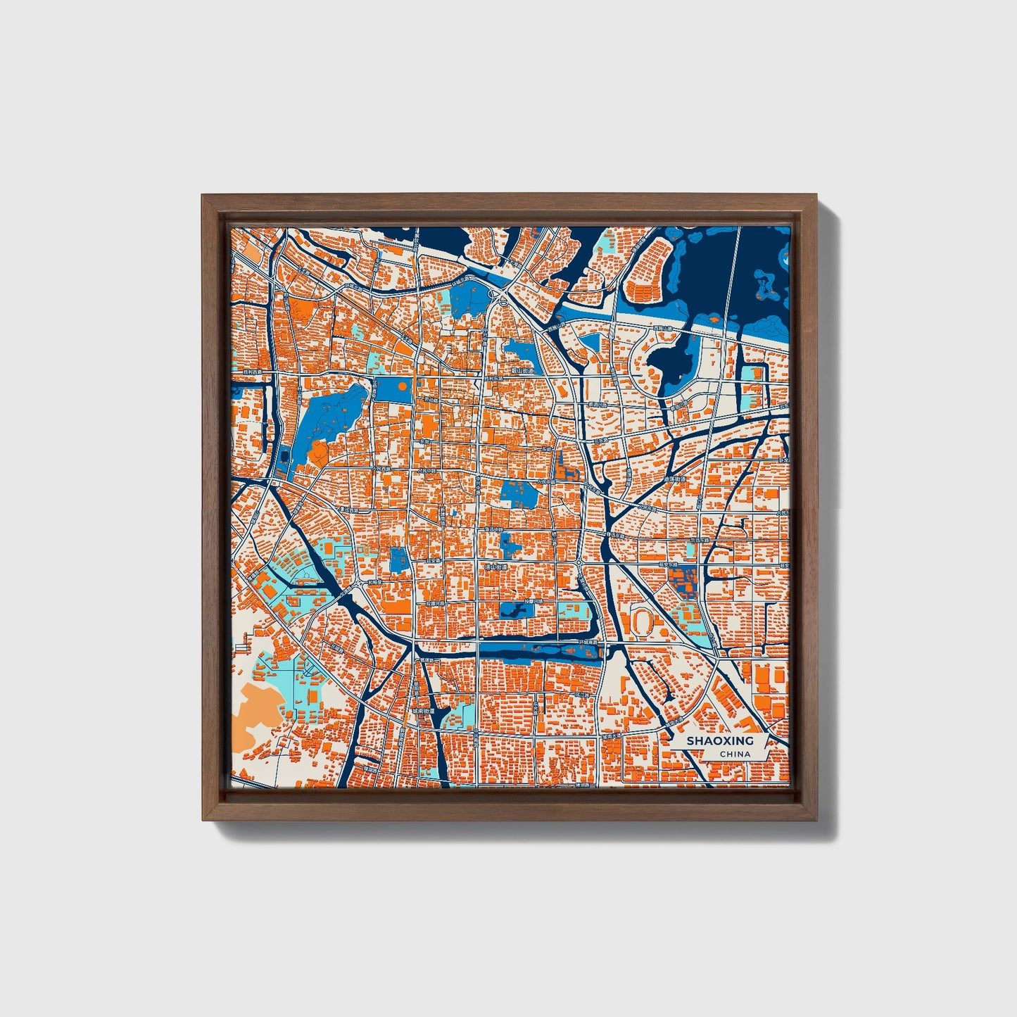 Shaoxing China Colorful City Map Canvas Print • Dark Wooden Framed
