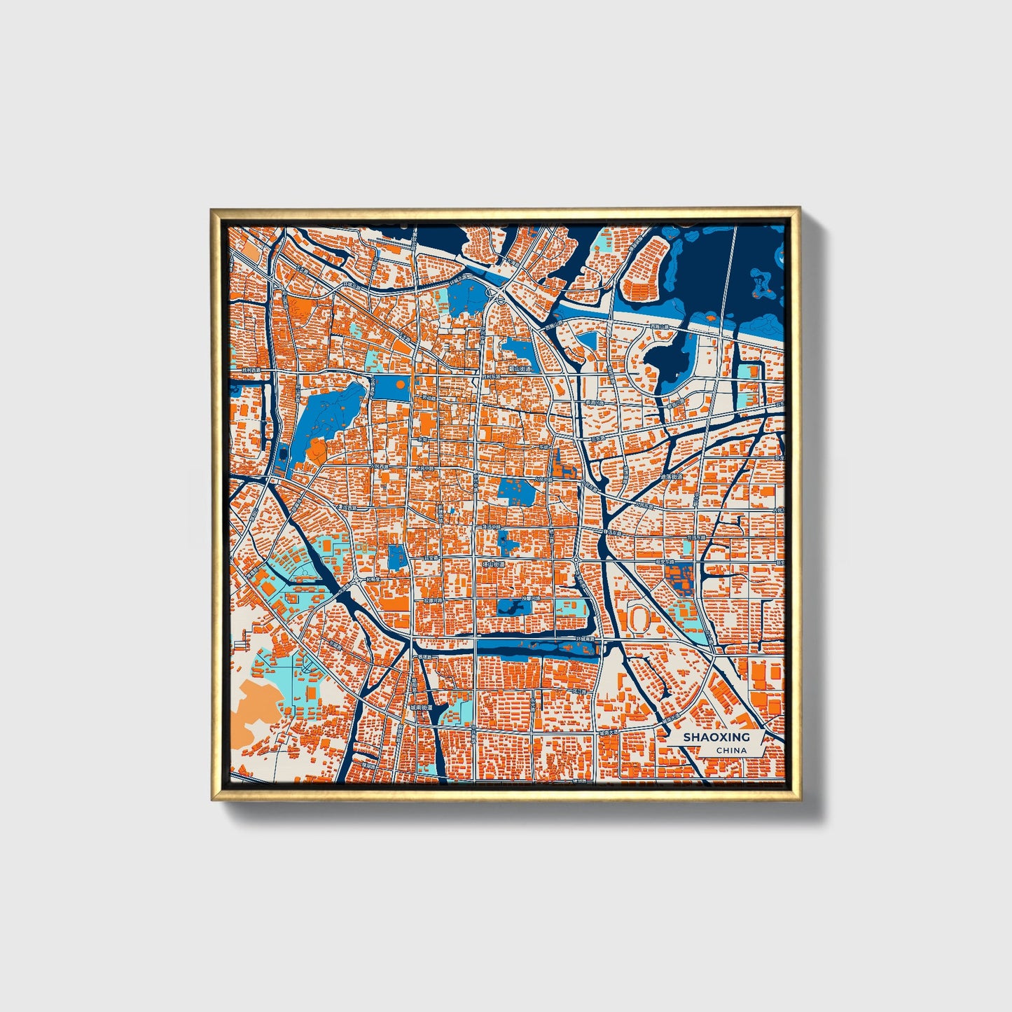 Shaoxing China Colorful City Map Canvas Print • Gold Framed