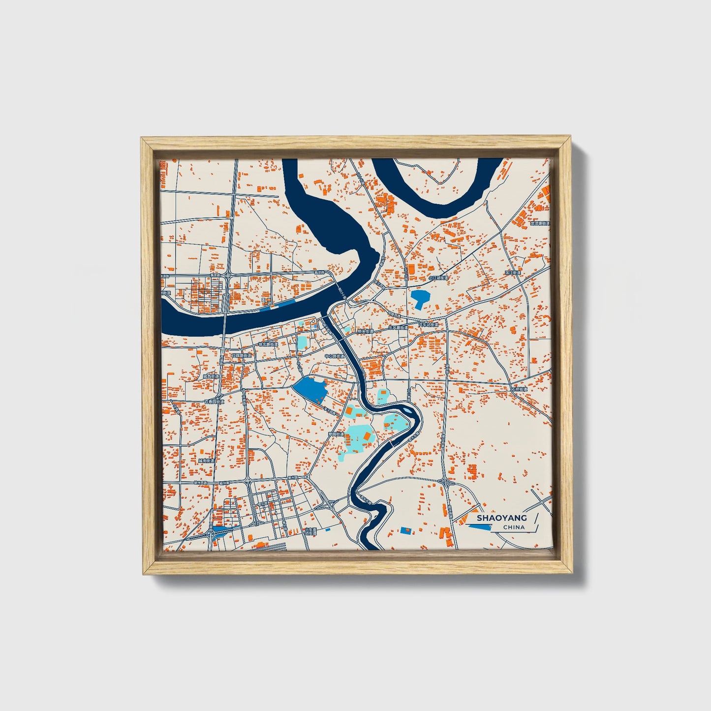 Shaoyang China Colorful City Map Canvas Print • Natural Wooden Framed