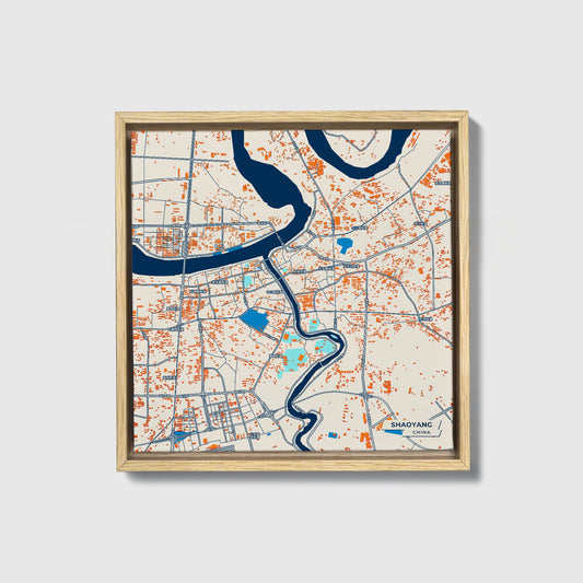 Shaoyang China Colorful City Map Canvas Print • Natural Wooden Framed
