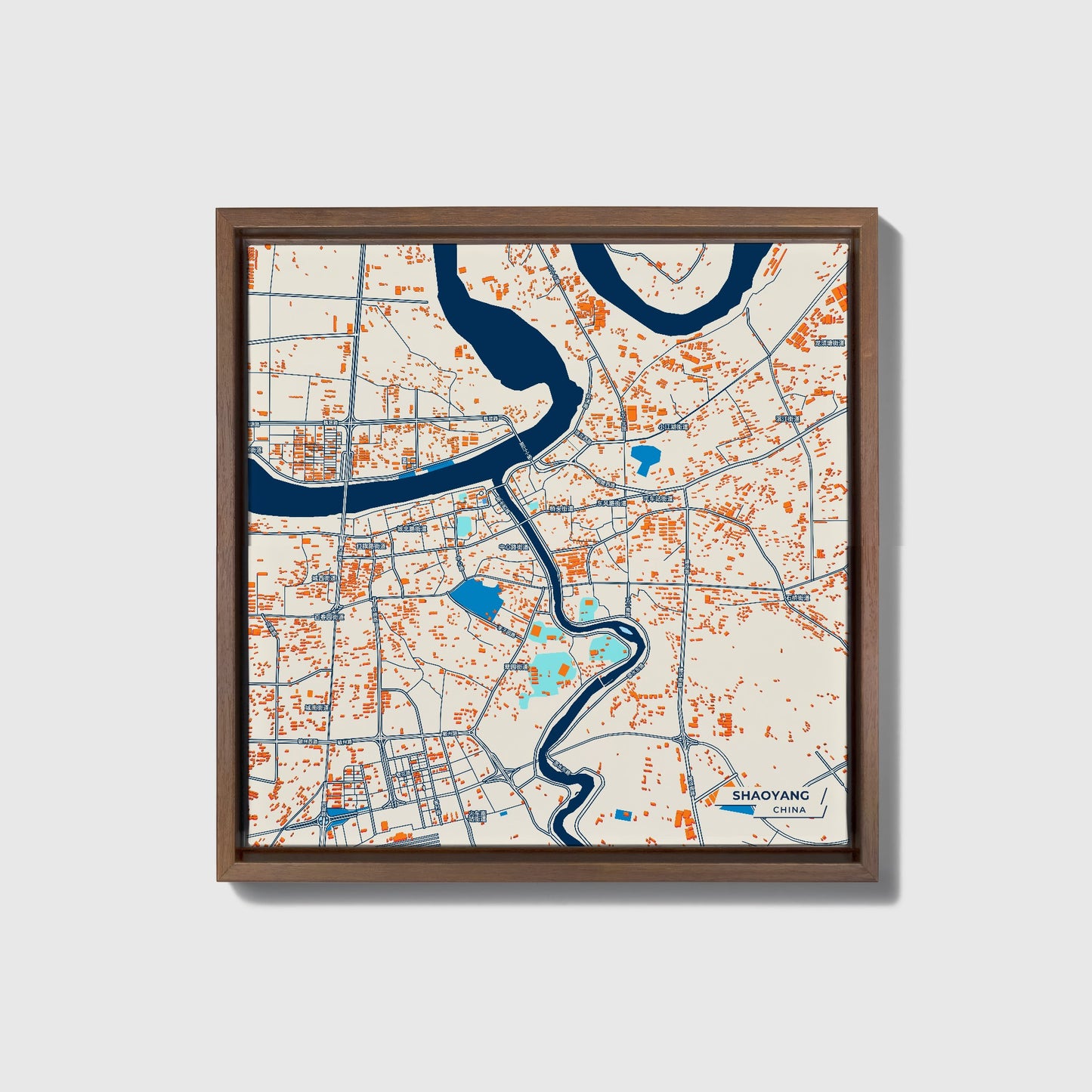 Shaoyang China Colorful City Map Canvas Print • Dark Wooden Framed