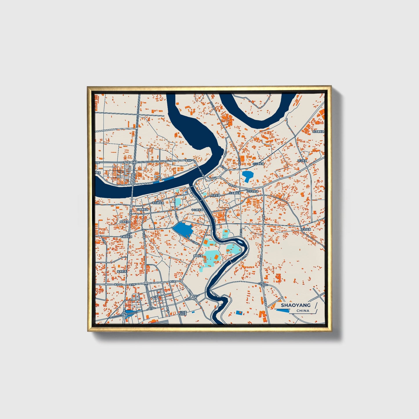 Shaoyang China Colorful City Map Canvas Print • Gold Framed