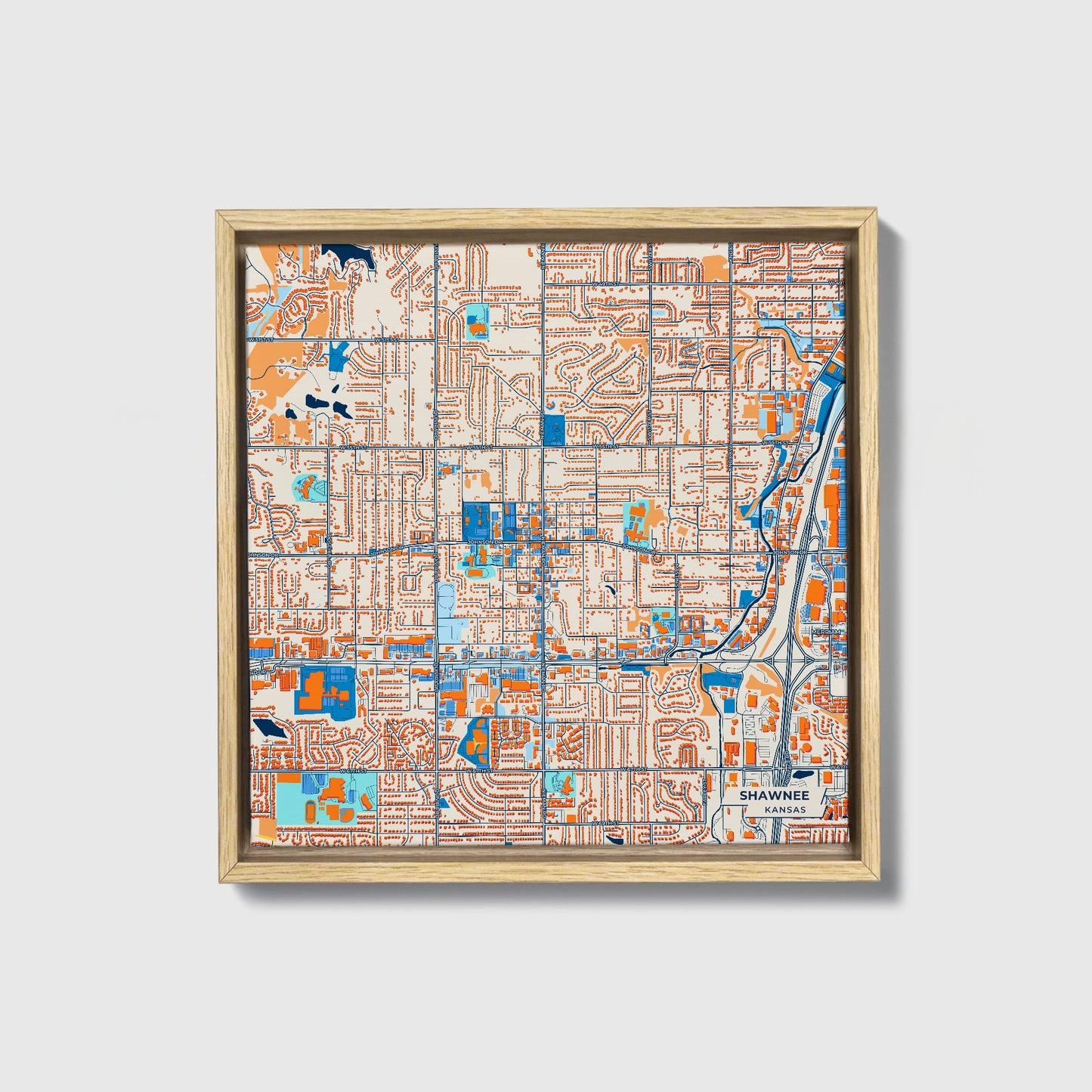 Shawnee Kansas Colorful City Map Canvas Print • Natural Wooden Framed