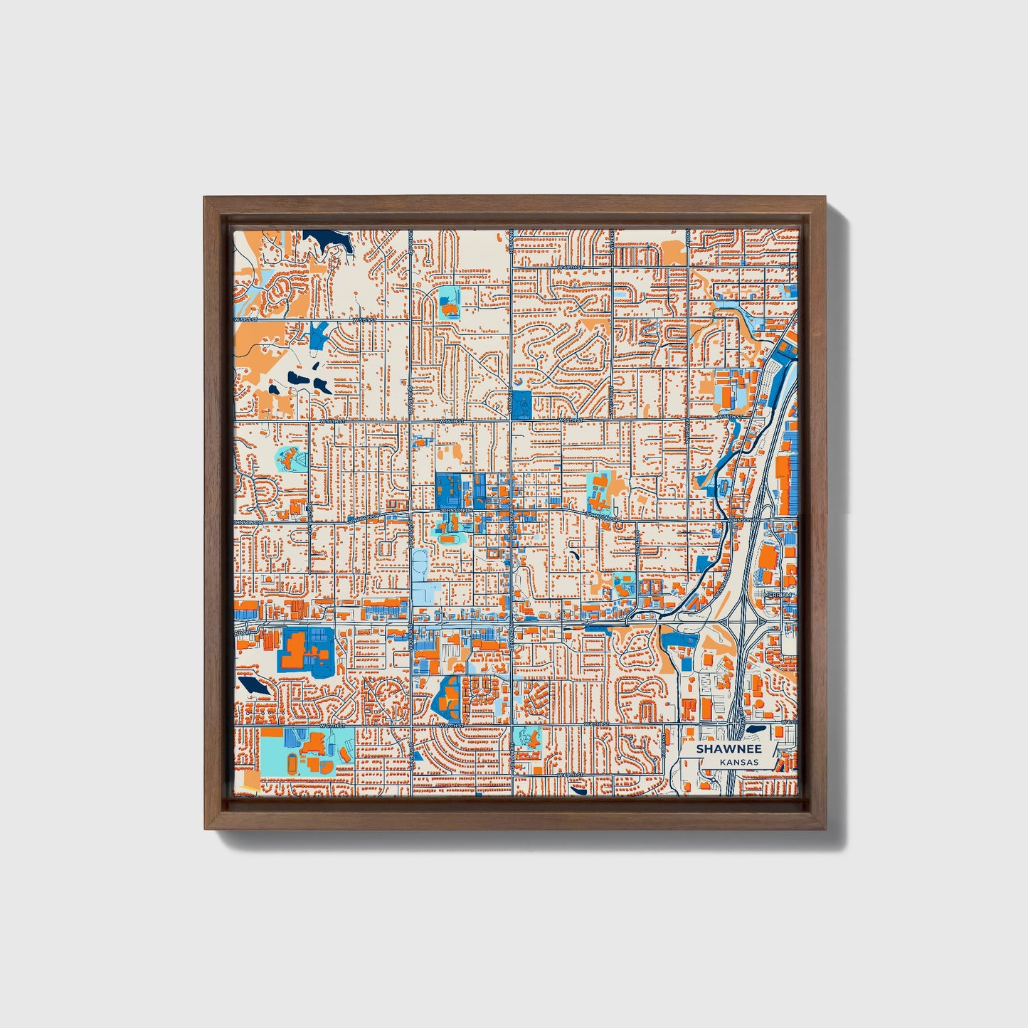 Shawnee Kansas Colorful City Map Canvas Print • Dark Wooden Framed