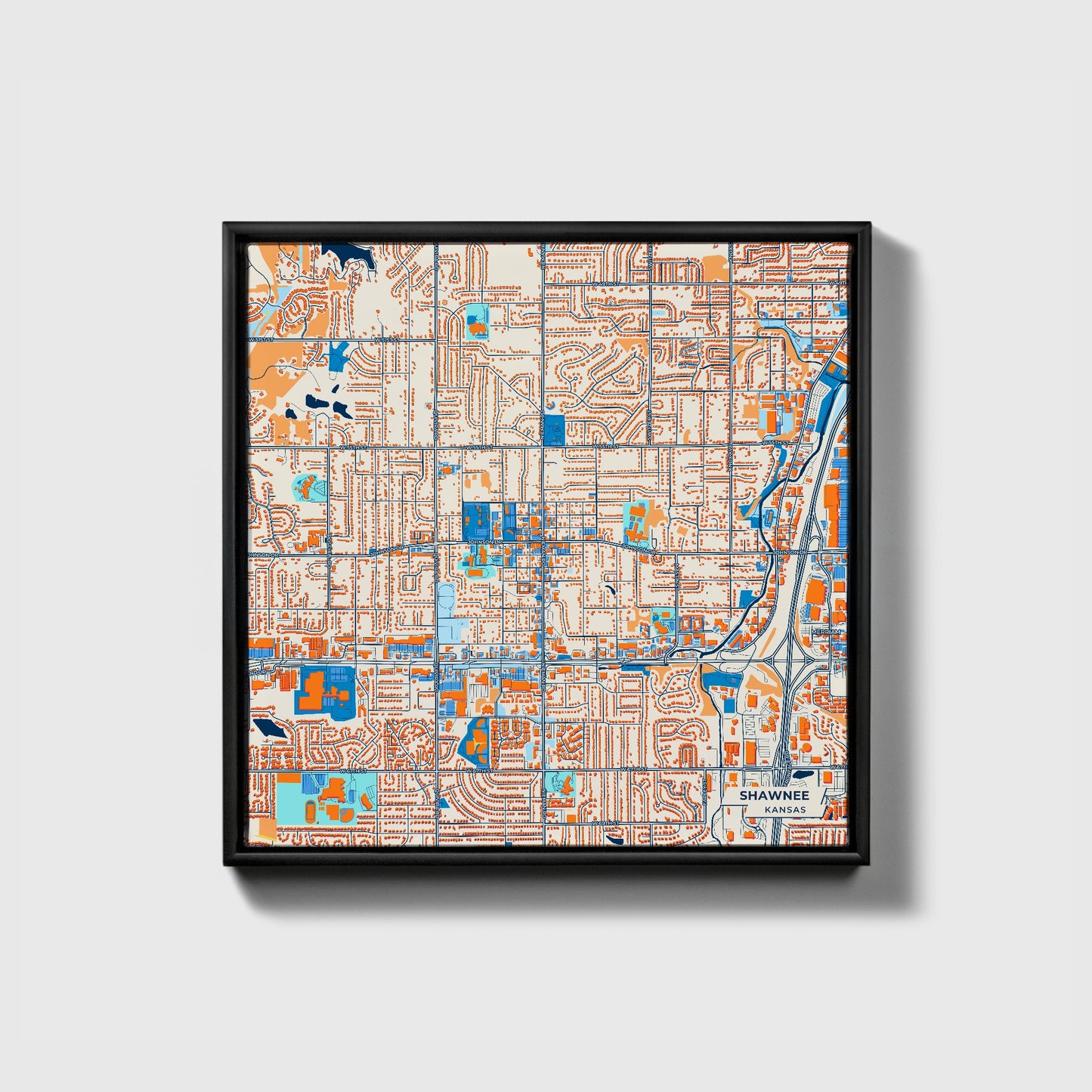 Shawnee Kansas Colorful City Map Canvas Print • Black Framed