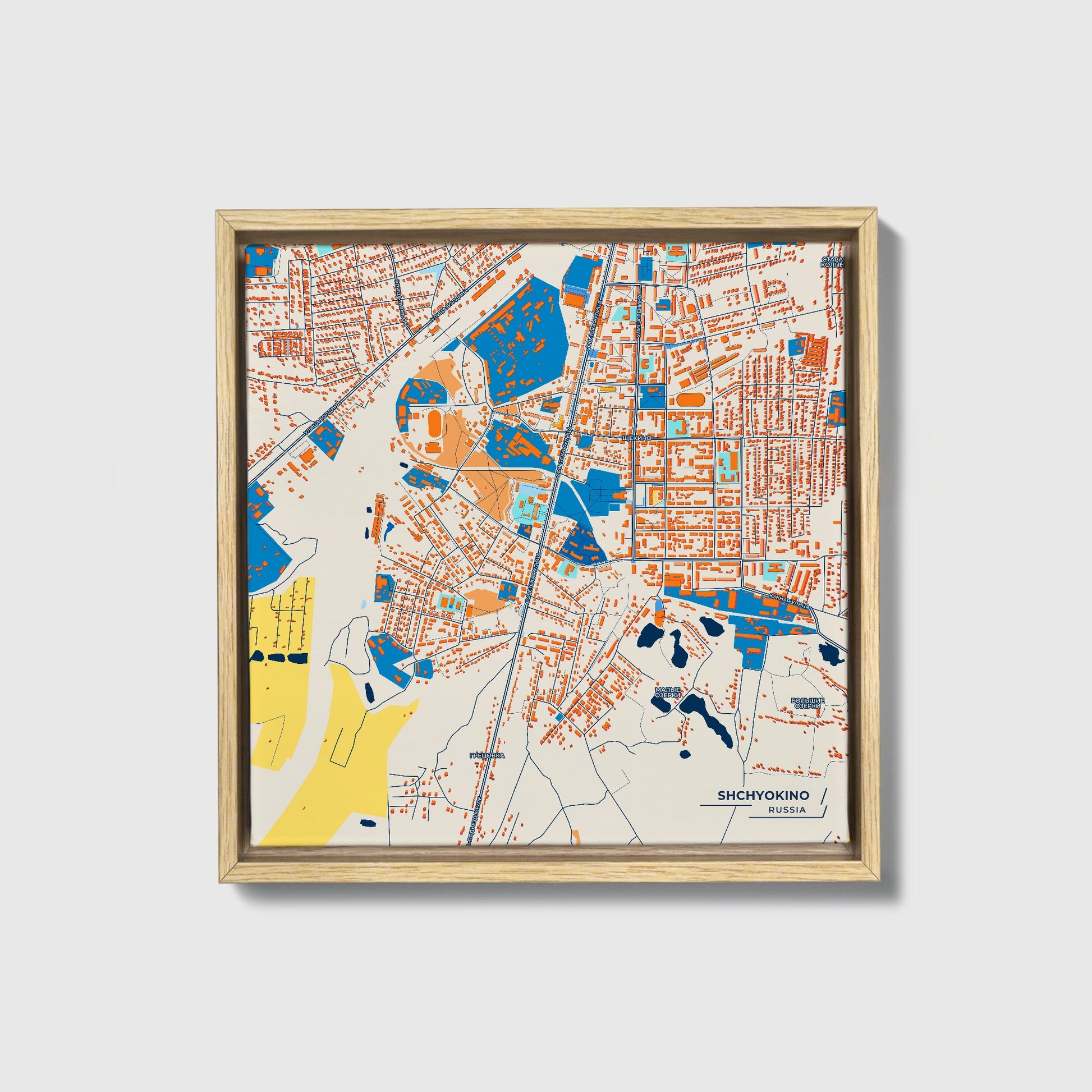 Щёкино Russia Colorful City Map Canvas Print • Natural Wooden Framed