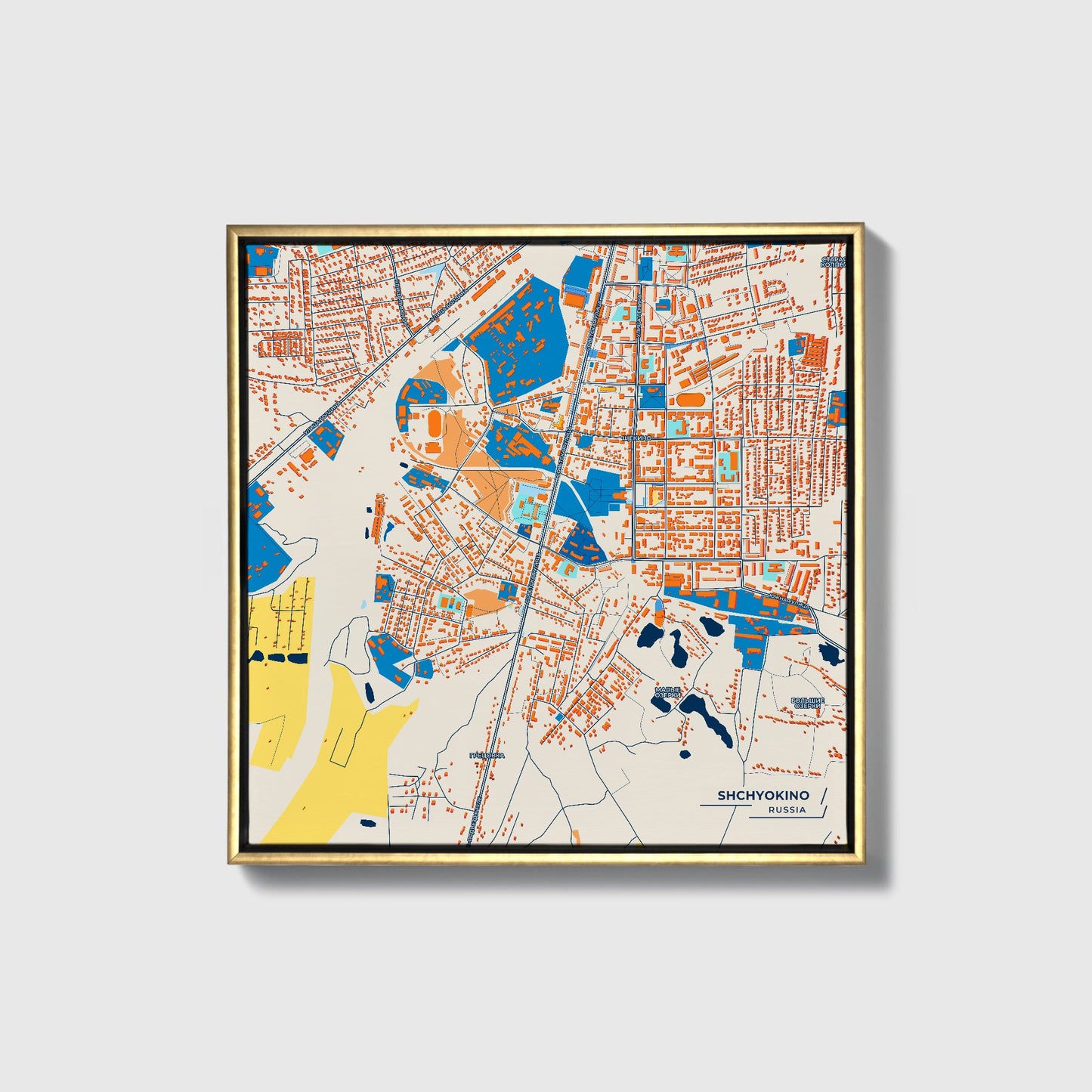 Щёкино Russia Colorful City Map Canvas Print • Gold Framed