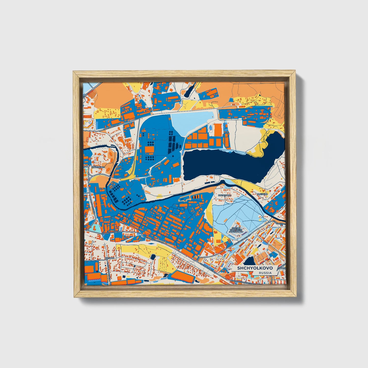 Щёлково Russia Colorful City Map Canvas Print • Natural Wooden Framed