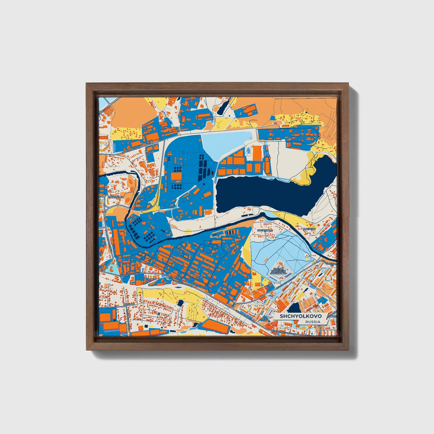 Щёлково Russia Colorful City Map Canvas Print • Dark Wooden Framed