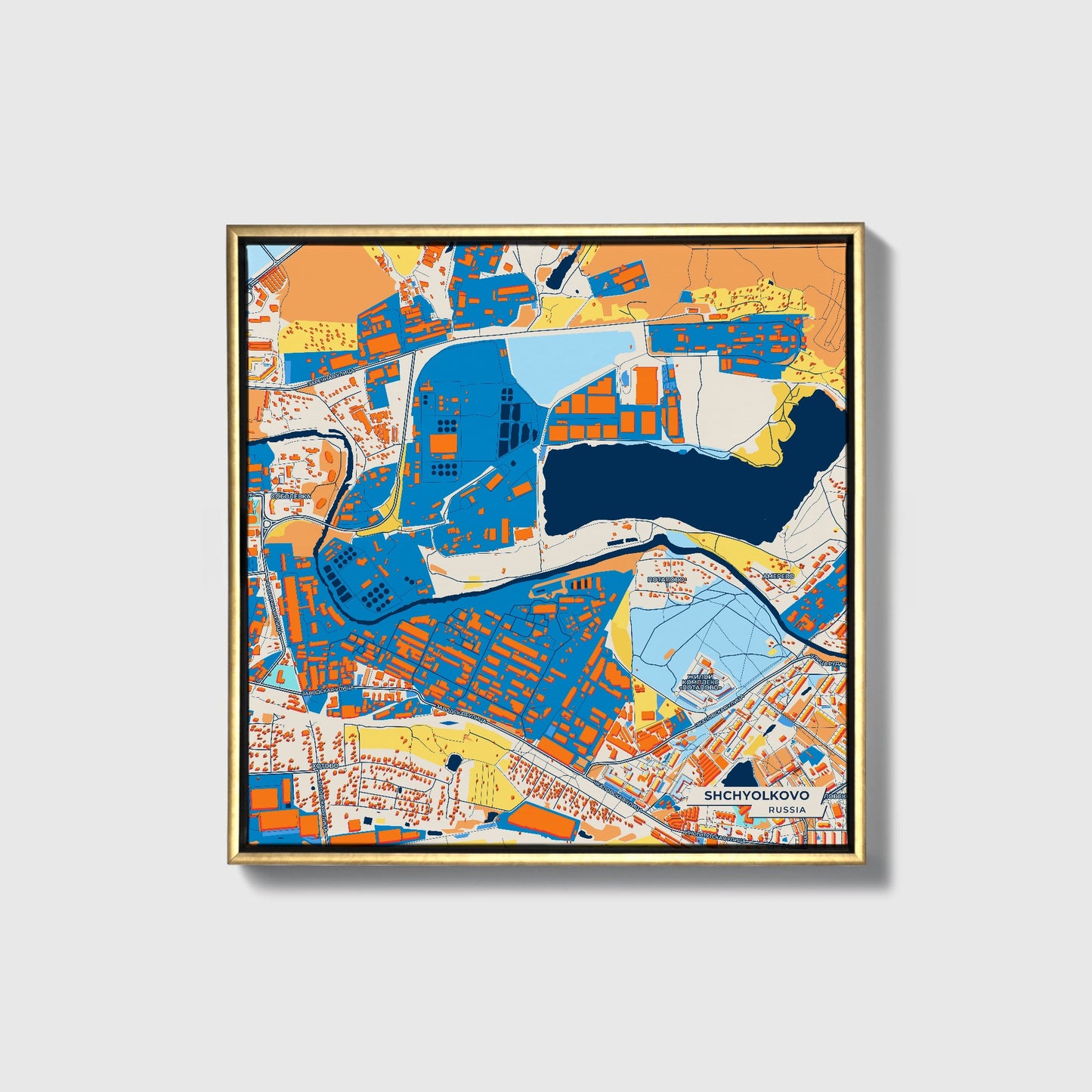 Щёлково Russia Colorful City Map Canvas Print • Gold Framed
