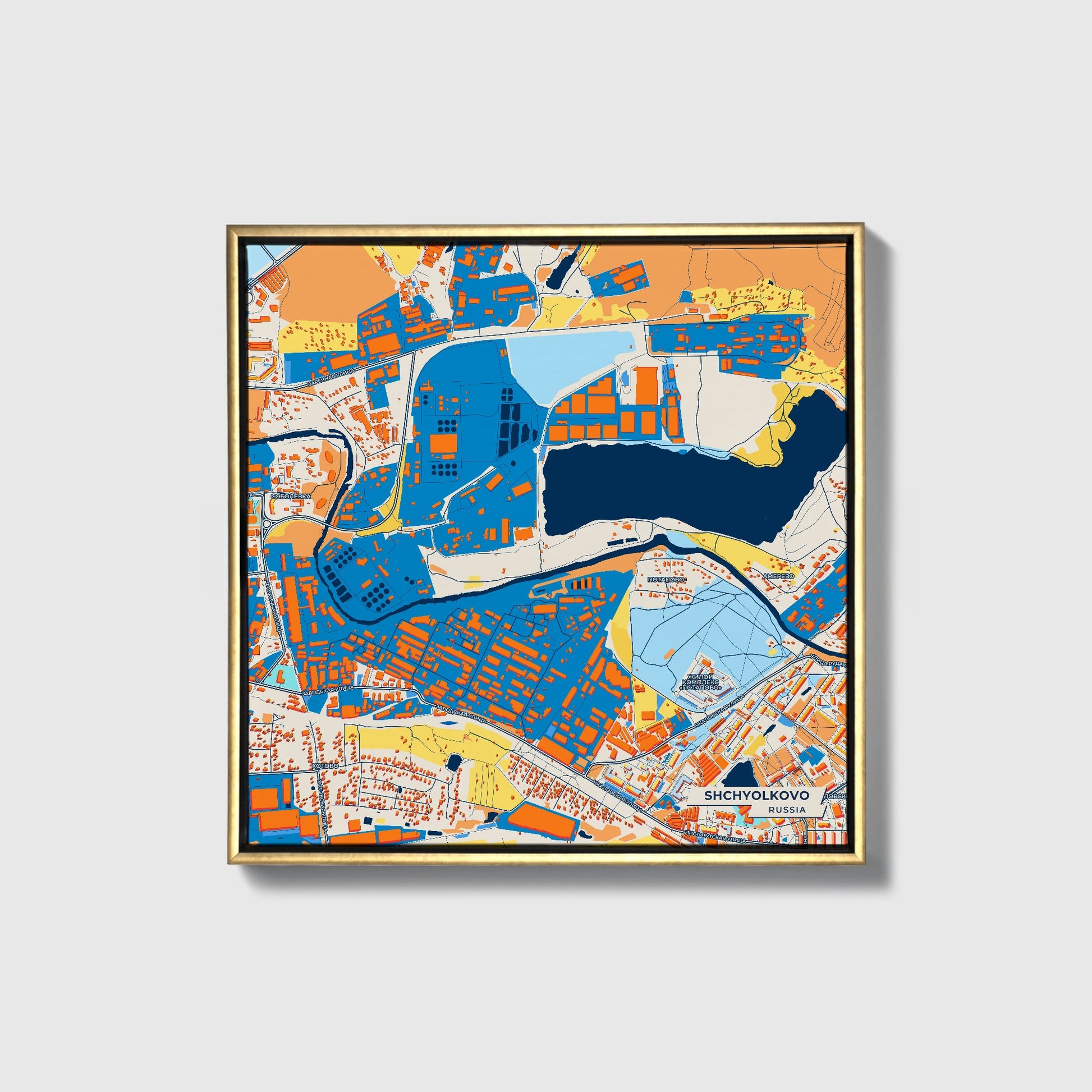 Щёлково Russia Colorful City Map Canvas Print • Gold Framed