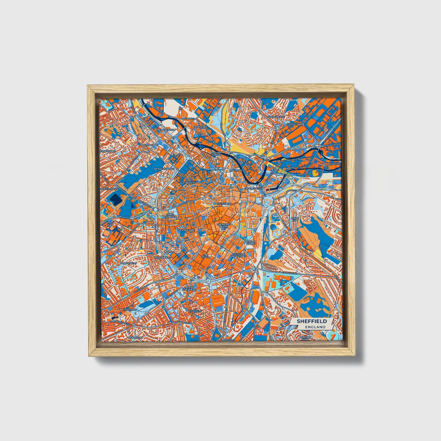 Sheffield England Colorful City Map Canvas Print • Natural Wooden Framed