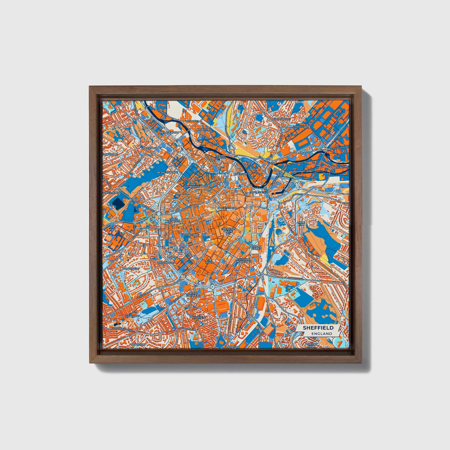Sheffield England Colorful City Map Canvas Print • Dark Wooden Framed