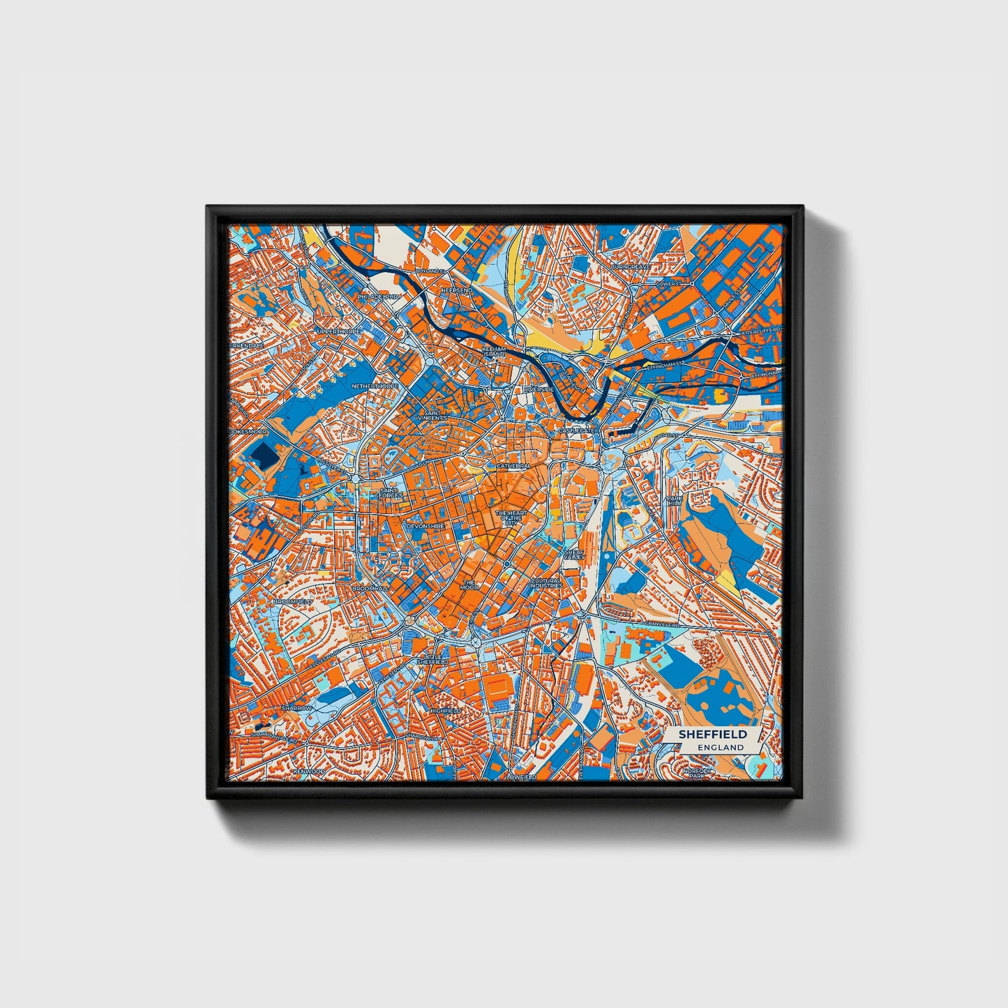 Sheffield England Colorful City Map Canvas Print • Black Framed