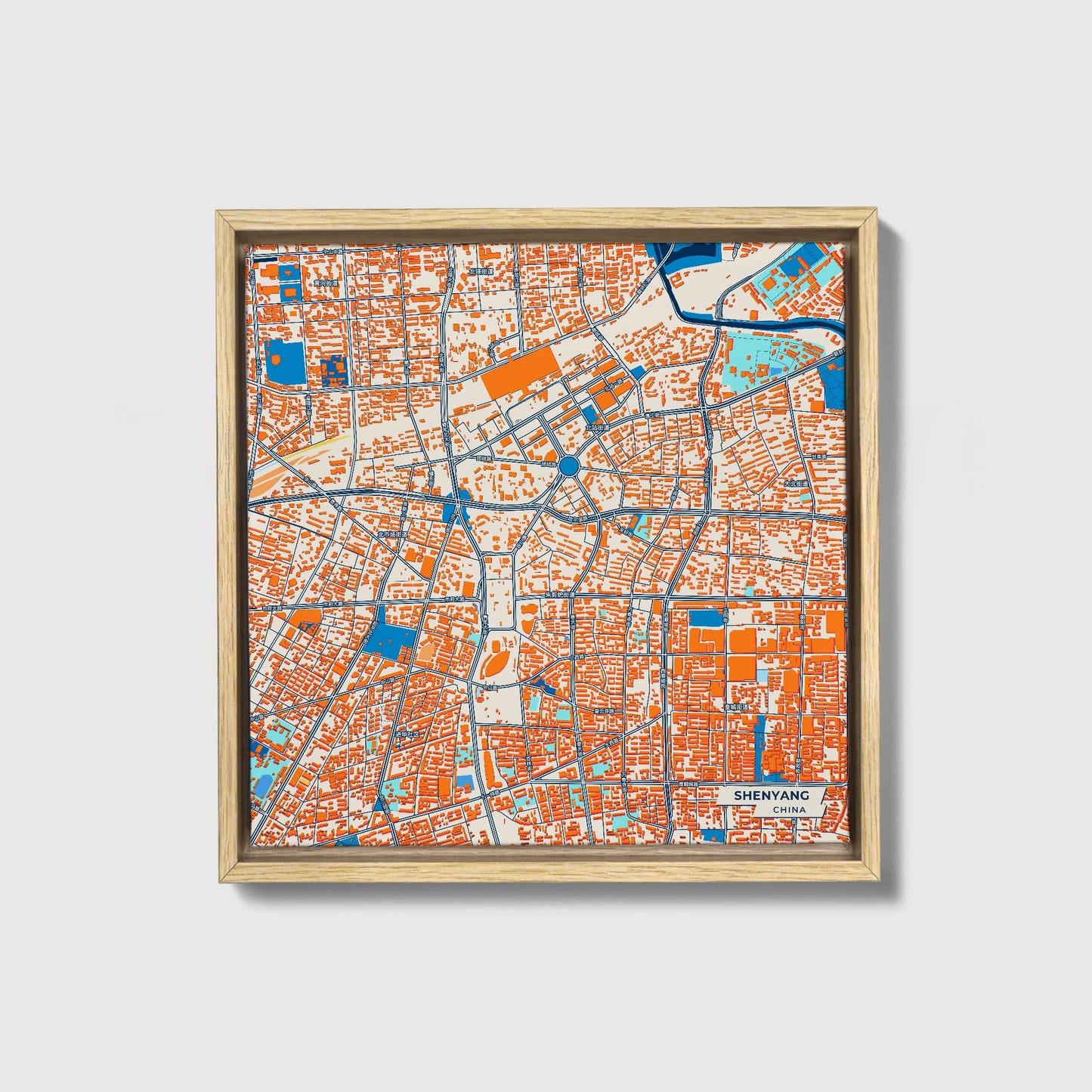 Shenyang China Colorful City Map Canvas Print • Natural Wooden Framed