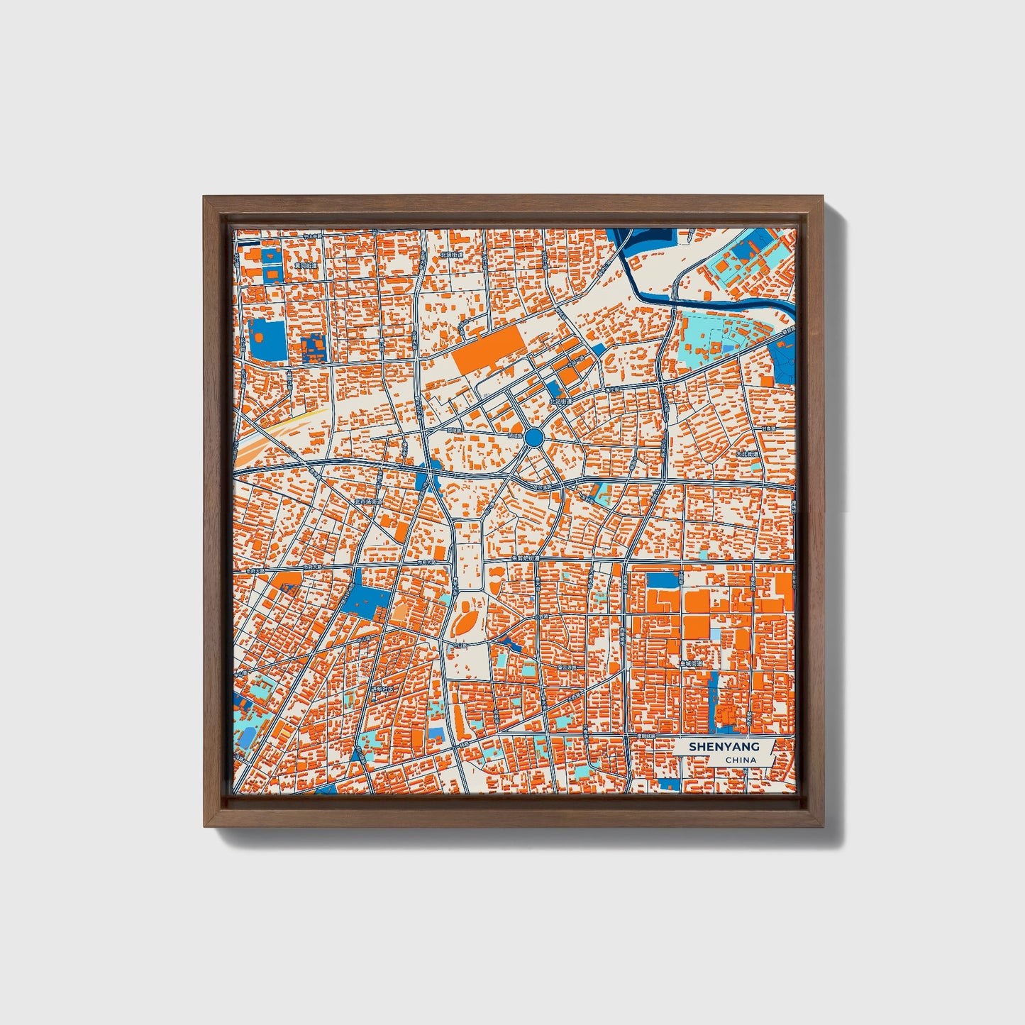 Shenyang China Colorful City Map Canvas Print • Dark Wooden Framed