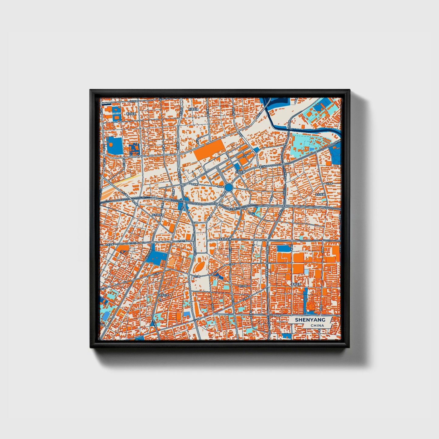 Shenyang China Colorful City Map Canvas Print • Black Framed
