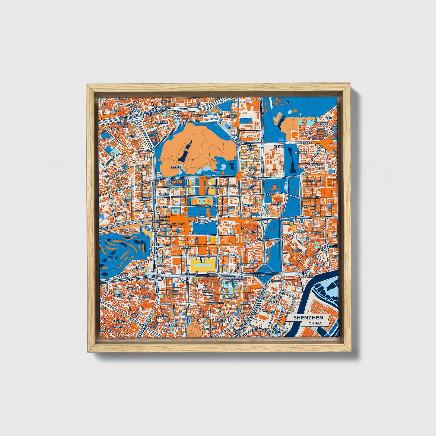 Shenzhen China Colorful City Map Canvas Print • Natural Wooden Framed