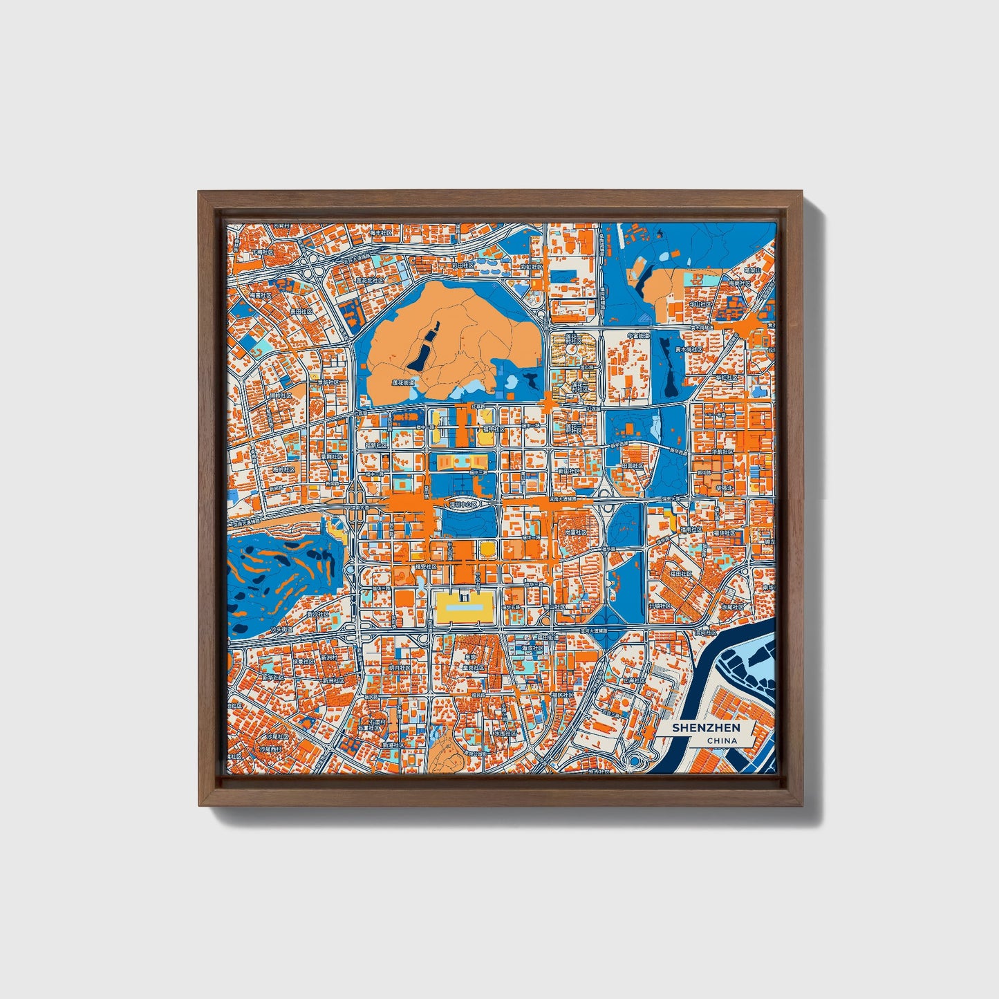 Shenzhen China Colorful City Map Canvas Print • Dark Wooden Framed