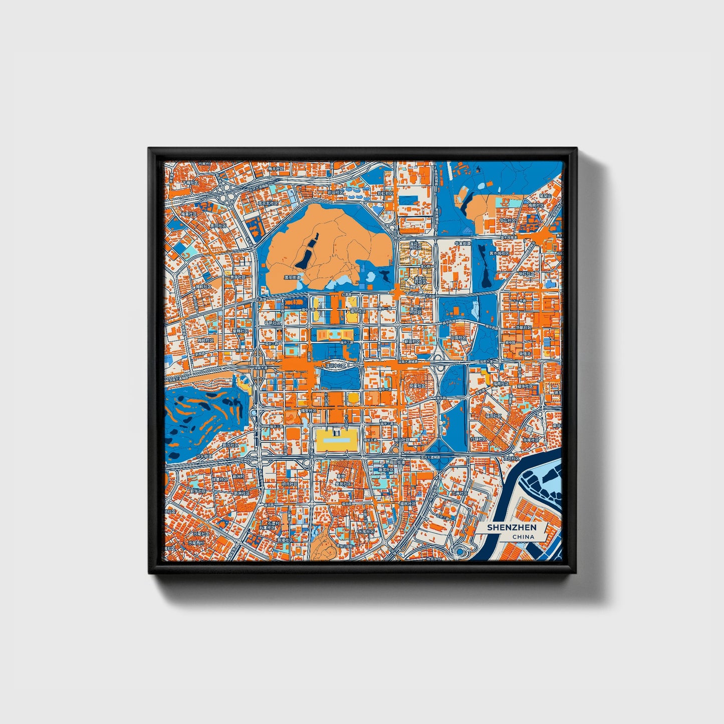 Shenzhen China Colorful City Map Canvas Print • Black Framed