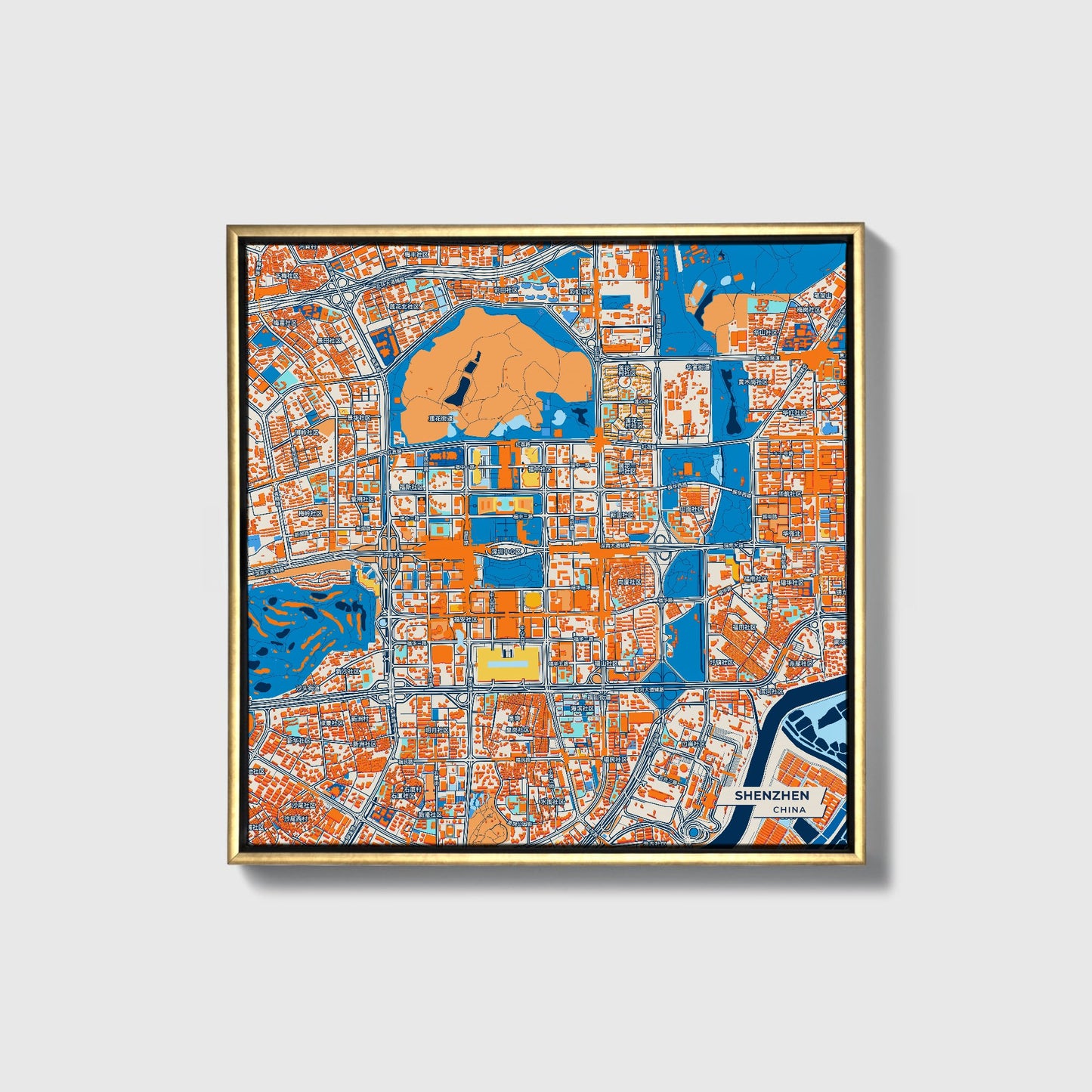 Shenzhen China Colorful City Map Canvas Print • Gold Framed
